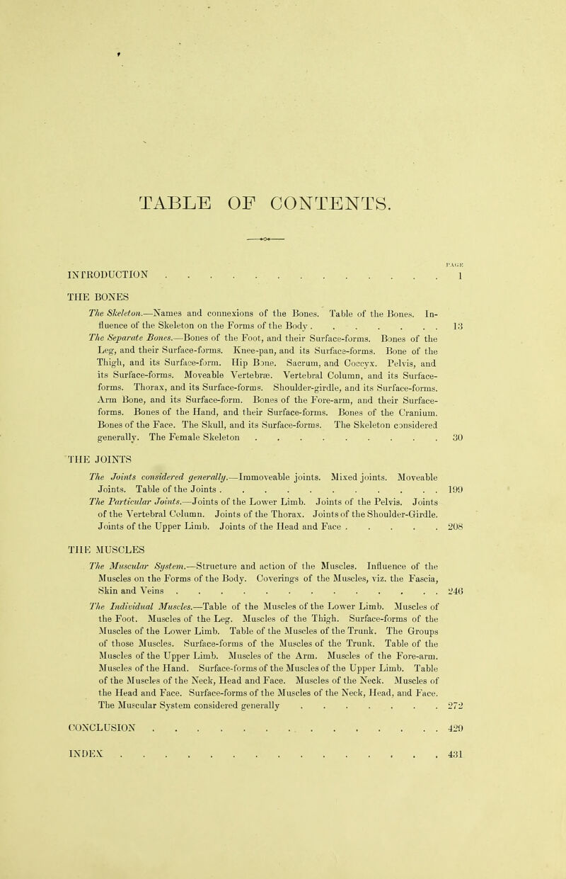 t TABLE OF CONTENTS. INTRODUCTION 1 THE BONES The Skeleton.—Names and connexions of the Bones. Table of the Bones. In- fluence of the Skeleton on the Forms of the Body. . . . . . 13 The Separate Bones.—Bones of the Foot, and their Surface-forms. Bones of the Leg, and their Surface-forms. Knee-pan, and its Surface-forms. Bone of the Thigh, and its Surface-form. Hip B3ne. Sacrum, and Coccyx. Pelvis, and its Surface-forms. Moveable Vertebrae. Vertebral Column, and its Surface- forms. Thorax, and its Surface-forms. Shoulder-girdle, and its Surface-forms. Arm Bone, and its Surface-form. Bones of the Fore-arm, and their Surface- forms. Bones of the Hand, and their Surface-forms. Bones of the Cranium. Bones of the Face. The Skull, and its Surface-forms. The Skeleton considered generally. The Female Skeleton 30 The Joints considered generally.—Immoveable joints. Mixed joints. Moveable The Particular Joints.—Joints of the Lower Limb. Joints of the Pelvis. Joints of the Vertebral Column. Joints of the Thorax. Joints of the Shoulder-Girdle. Joints of the Upper Limb. Joints of the Head and Face 208 THE MUSCLES The Muscular System.—Structure and action of the Muscles. Influence of the Muscles on the Forms of the Body. Coverings of the Muscles, viz. the Fascia, Skin and Veins ■. 246 The Individual Muscles.—Table of the Muscles of the Lower Limb. Muscles of the Foot. Muscles of the Leg. Muscles of the Thigh. Surface-forms of the Muscles of the Lower Limb. Table of the Muscles of the Trunk. The Groups of those Muscles. Surface-forms of the Muscles of the Trunk. Table of the Muscles of the Upper Limb. Muscles of the Arm. Muscles of the Fore-arm. Muscles of the Hand. Surface-forms of the Muscles of the Upper Limb. Table of the Muscles of the Neck, Head and Face. Muscles of the Neck. Muscles of the Head and Face. Surface-forms of the Muscles of the Neck, Head, and Face. The Muscular System considered generally ....... 272 THE JOINTS Joints. Table of the Joints 199 CONCLUSION 429 INDEX 431