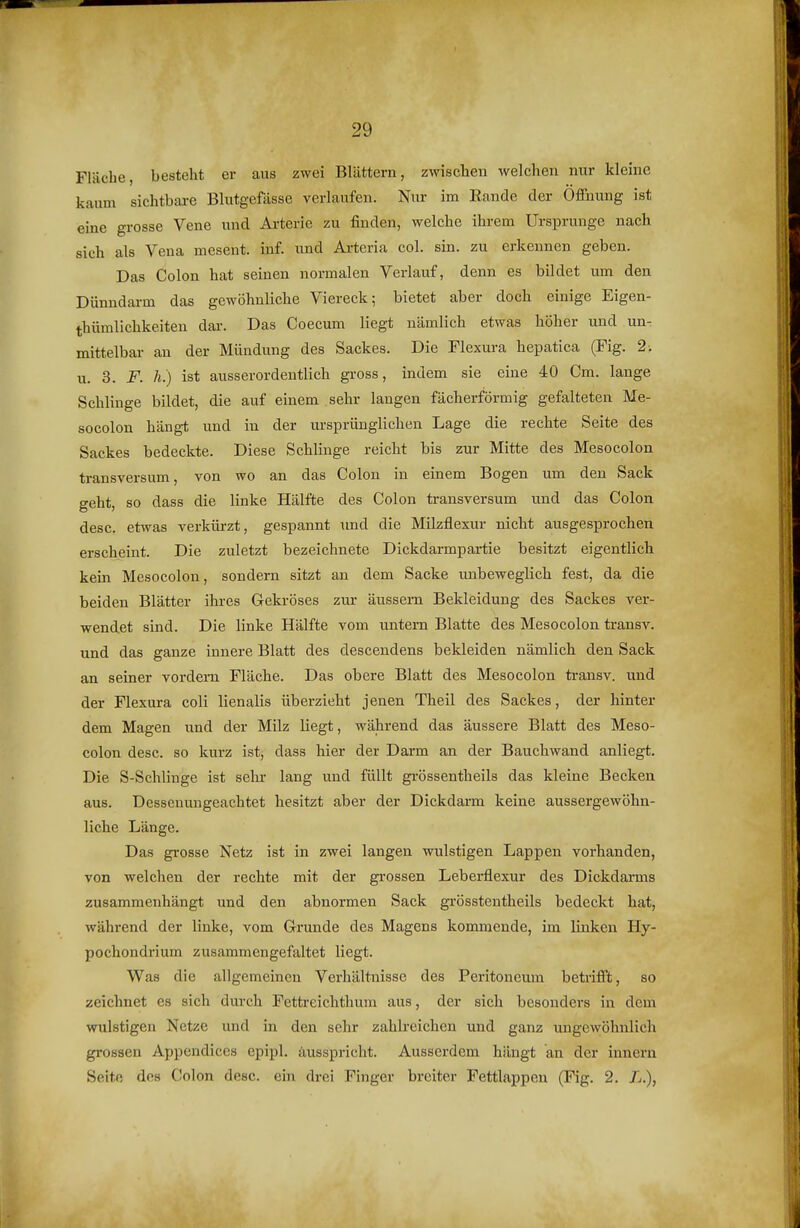 Fläche, besteht er aus zwei Blättern, zwischen welchen nur kleine kaum sichtbare Blutgefässe verlaufen. Nur im Rande der Öffnung ist eine grosse Vene und Arteric zu finden, welche ihrem Ursprünge nach sich als Vena mesent. inf. und Ai-teria col. sin. zu erkennen geben. Das Colon hat seinen normalen Verlauf, denn es bildet um den Dünndarm das gewöhnliche Viereck; bietet aber doch einige Eigen- thümlichkeiten dar. Das Coecum liegt nämlich etwas höher und un- mittelbar an der Mündung des Sackes. Die Flexui-a hepatica (Fig. 2. u. 3. F. Ii) ist ausserordentlich gross, indem sie eine 40 Cm. lange Schlinge bildet, die auf einem sehr langen fächerförmig gefalteten Me- socolon hängt und in der m-sprünglichen Lage die rechte Seite des Sackes bedeckte. Diese Schlinge reicht bis zur Mitte des Mesocolon transversum, von wo an das Colon in einem Bogen um den Sack geht, so dass die linke Hälfte des Colon transversum und das Colon desc. etwas verkürzt, gespannt xmd die Milzflexur nicht ausgesprochen erscheint. Die zuletzt bezeichnete Dickdarmpartie besitzt eigentlich kein Mesocolon, sondern sitzt an dem Sacke unbeweglich fest, da die beiden Blätter ihres Gekröses zur äussern Bekleidung des Sackes ver- wendet sind. Die linke Hälfte vom untern Blatte des Mesocolon transv. und das ganze innere Blatt des descendens bekleiden nämlich den Sack an seiner vordem Fläche. Das obere Blatt des Mesocolon transv. und der Flexura coli lienalis überzieht jenen Theil des Sackes, der hinter dem Magen und der Milz liegt, während das äussere Blatt des Meso- colon desc. so kurz ist, dass hier der Darm an der Bauchwand anliegt. Die S-Schlinge ist sehr lang und füllt grössentheils das kleine Becken aus. Dessenungeachtet besitzt aber der Dickdarm keine aussergewöhn- liche Länge. Das grosse Netz ist in zwei langen wulstigen Lappen vorhanden, von welchen der rechte mit der grossen Leberflexur des Dickdarms zusammenhängt und den abnormen Sack grösstcntheils bedeckt hat, während der linke, vom G-runde des Magens kommende, im linken Hy- pochondrium zusammengefaltet liegt. Was die allgemeinen Verhältnisse des Peritoneum betrifft, so zeichnet es sich durch Fettreichthuni aus, der sich besonders in dem wulstigen Netze und in den sehr zahlreichen und ganz ungewöhnlich grossen Appendices epipl. ausspricht. Ausserdem hängt an der innern Seite dos Colon desc. ein drei Finger breiter Fettlappen (Fig. 2. L),