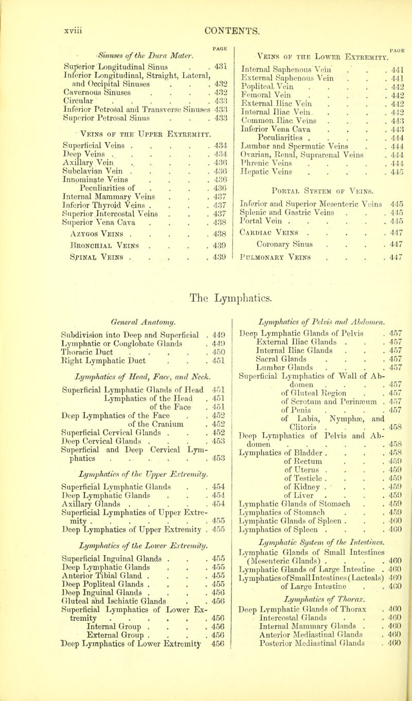 Sinuses of the Dura Mater. Superior Longitudinal Sinus . . 431 Inferior Longitudinal, Straight, Lateral, and Occipital Sinuses . . . 432 Cavernous Sinuses .... 432 Circular 433 Inferior Petrosal and Transverse Sinuses 433 Superior Petrosal Sinus . . . 433 Veins of the Upper Extremity. Superficial Veins 434 Beep Veins . 434 Axillary Vein ... . . . 436 Subclavian Vein ..... 436 Innominate Veins .... 436 Peculiarities of ... 436 Internal Mammary Veins . . . 437 Inferior Thyroid Veins .... 437 Superior Intercostal Veins . . . 437 Superior Vena Cava .... 438 Azygos Veins ..... 438 Bronchial Veins .... 439 Spinal Veins ..... 439 Veins oe the Lower Extremity Internal Saphenous Vein External Saphenous Vein PopliteaL Vein Femoral Vein External Iliac Vein Internal Iliac Vein Common Iliac Veins Inferior Vena Cava Peculiarities . Lumbar and Spermatic Veins Ovarian, Renal, Suprarenal Veins Phrenic Veins Hepatic Veins Portal System of Veins. Inferior and Superior Mesenteric Veins 445 Splenic and Gastric Veins . . . 445 Portal Vein .... Cardiac Veins . Coronary Sinus Pulmonary Veins The Lymphatics. General Anatomy. Subdivision into Deep and Superficial . 449 Lymphatic or Conglobate Glands . 449 Thoracic Duct 450 Right Lymphatic Duct . . . 451 Lymphatics of Head, Face, and Neck. Superficial Lymphatic Glands of Head 451 Lymphatics of the Head . 451 of the Face . 451 Deep Lymphatics of the Face . . 452 of the Cranium . 452 Superficial Cervical Glands . . . 452 Deep Cervical Glands .... 453 Superficial and Deep Cervical Lym- phatics . . . . . . 453 Lymphatics of the Upper Extremity. Superficial Lymphatic Glands . . 454 Deep Lymphatic Glands . . . 454 Axillary Glands 454 Superficial Lymphatics of Upper Extre- mity 455 Deep Lymphatics of Upper Extremity . 455 Lymphatics of the Lower Extremity. Superficial Inguinal Glands . . . 455 Deep Lymphatic Glands . . . 455 Anterior Tibial Gland .... 455 Deep Popliteal Glands .... 455 Deep Inguinal Glands .... 456 Gluteal and Ischiatic Glands . . 456 Superficial Lymphatics of Lower Ex- tremity 456 Internal Group .... 456 External Group .... 456 Deep Lymphatics of Lower Extremity 456 Lymphatics of Pelvis and Abdomen. Deep Lymphatic Glands of Pelvis . 457 External Iliac Glands . . . 457 Internal Iliac Glands . . . 457 Sacral Glands .... 457 Lumbar Glands .... 457 Superficial Lymphatics of Wall of Ab- domen .... 457 of Gluteal Region . . 457 of Scrotum and Perinncum . 457 of Penis . . . .457 of Labia, Nymph se, and Clitoris .... 458 Deep Lymphatics of Pelvis and Ab- domen ...... 458 Lymphatics of Bladder .... 458 of Rectum . . . 459 of Uterus . . . . 459 of Testicle .... 459 of Kidney . ' . . 459 of Liver .... 459 Lymphatic Glands of Stomach . . 459 Lymphatics of Stomach ... . 459 Lymphatic Glands of Spleen . . .460 Lymphatics of Spleen .... 400 Lymphatic System of the Intestines. Lymphatic Glands of Small Intestines (Mesenteric Glands) .... 460 Lymphatic Glands of Large Intestine . 460 Lymphatics of Small Intestines (Lacteals) 460 of Large Intestine . . 460 Lymphatics of Thorax. Deep Lymphatic Glands of Thorax . 460 Intercostal Glands . . . 460 Internal Mammary Glands . . 460 Anterior Mediastinal Glands . 460 Posterior Mediastinal Glands . 460