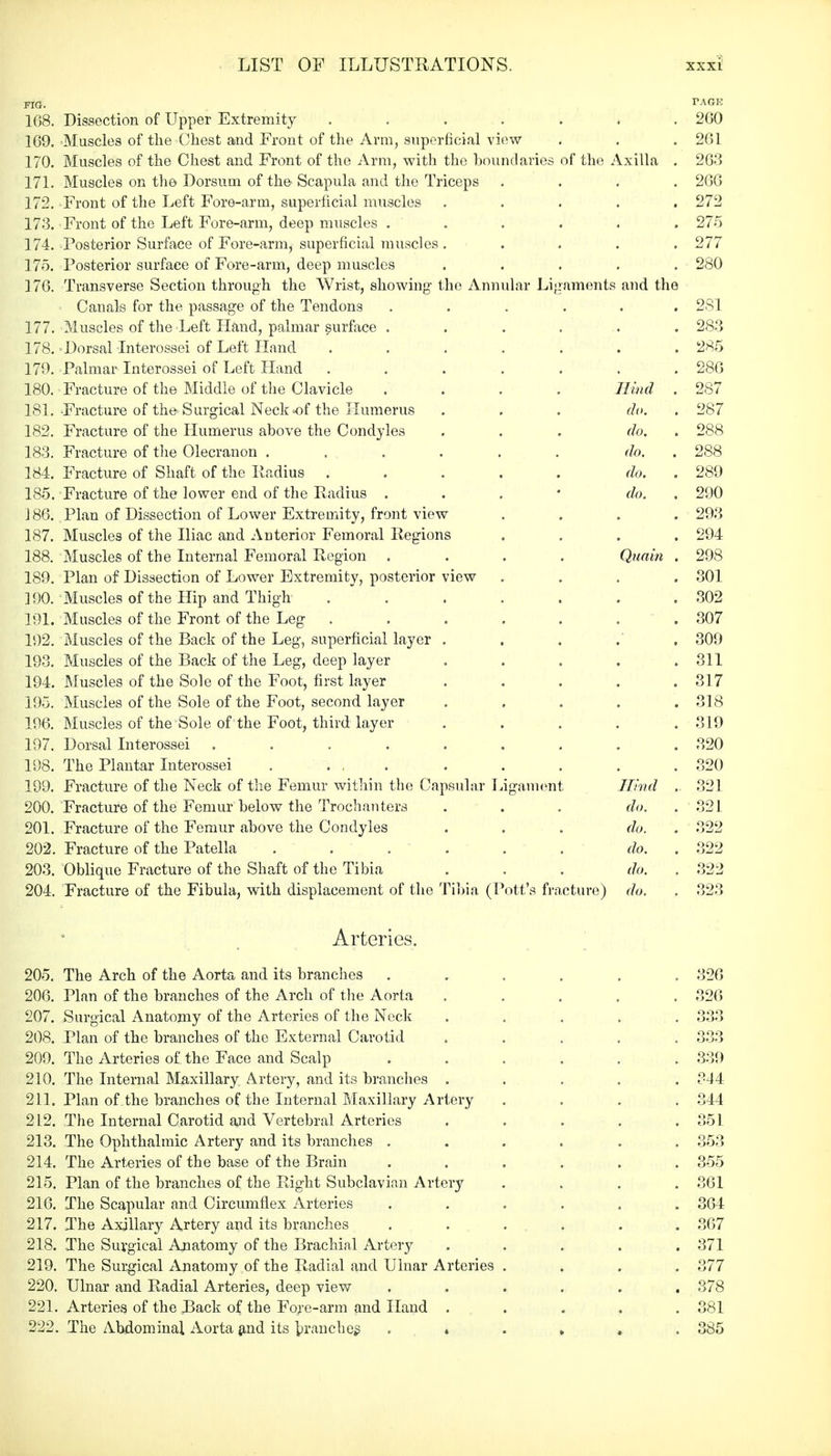 FIG. r-AGE 1G8. Dissection of Upper Extremity ..... zoo 169. Muscles of the Chest and Front of the Arm, superficial view 2D 1 170. Muscles of the Chest and. Front of the Arm, with the boundaries of the A villn 9H9 zoo 171. Muscles on the Dorsum of the Scapula and the Triceps van. zoo 172. Front of the Left Fore-arm, superficial muscles 079 z/ z 173. Front of the Left Fore-arm, deep muscles . . 97^ 174. Posterior Surface of Fore-arm, superficial muscles . 977 ZI i 175. Posterior surface of Fore-arm, deep muscles ZOU 176. Transverse Section through the Wrist, showing- the Annular Ligaments and the Canals for the passage of the Tendons .... 9Q1 Zol 177. Muscles of the Left Hand, palmar surface .... 9Q9 Zoo 178. -Dorsal Interossei of Left Hand ..... 9£^ ZOO 179. Palmar Interossei of Left Hand ..... Zoo 180. Fracture of the Middle of the Clavicle .... Hind . 9Q7 Zo/ 181. Fracture of the Surgical Neck of the Humerus do. . 9£7 Zo/ 182. Fracture of the Humerus above the Condyles do. . ZOO 183. Fracture of the Olecranon ...... do. . 9Q« Zoo 184. Fracture of Shaft of the Radius ..... do. . zou 185. Fracture of the lower end of the Radius . do. 9on J 86. Plan of Dissection of Lower Extremity, front view 9Q9 187. Muscles of the Iliac and Anterior Femoral Regions 188. Muscles of the Internal Femoral Region .... Quain . 9QQ 189. Plan of Dissection of Lower Extremity, posterior view 9m OU1 ] 90. Muscles of the Hip and Thigh ..... . 9A9 OUZ iyi, JllloUcB Ul tilt; J. IUI1L Ul llic Ucg ..... QA7 OOl 192. Muscles of the Back of the Leg, superficial layer . OUU 1Q9 ]\fnqplp<; nf t~hp Baplr of tlip Upo* dppr> ln,vpr 911 Oil 194. Muscles of the Sole of the Foot, first layer 91 7 Ol / 195. Muscles of the Sole of the Foot, second layer 91« 196. Muscles of the Sole of the Foot, third layer 197. Dorsal Interossei ....... 9 on ozu 198. The Plantar Interossei . . , ozu 199. Fracture of the Neck of the Femur within the Capsular Ligament Hind . 901 OZ J 200. Fracture of the Femur below the Trochanters do. . 321 201. Fracture of the Femur above the Condyles do, . 322 202. Fracture of the Patella . . . . do. . 322 203. Oblique Fracture of the Shaft of the Tibia do. . 322 204. Fracture of the Fibula, with displacement of the Tibia (Pott's fracture) do. . 999 ozo A ffnyi no 205. The Arch of the Aorta and its branches .... oZo 206. Plan of the branches of the Arch of the Aorta 99 A oZO 207. Surgical Anatomy of the Arteries of the Neck oOO 208. Plan of the branches of the External Carotid QQQ OOO 209. The Arteries of the Face and Scalp .... 99Q 210. The Internal Maxillary Artery, and its branches . Q,l A 211. Plan of the branches of the Internal Maxillary Artery OA A 212. The Internal Carotid and Vertebral Arteries 9^1 oOl 213. The Ophthalmic Artery and its branches .... OOO 214. The Arteries of the base of the Brain .... 9^ ooo 215. Plan of the branches of the Right Subclavian Artery oOl 216. The Scapular and Circumflex Arteries .... on a 3o4 217. The Axillary Artery and its branches . ... ODi 218. The Surgical Anatomy of the Brachial Artery 971 O/ 1 219. The Surgical Anatomy of the Radial and Ulnar Arteries . 377 220. Ulnar and Radial Arteries, deep view .... 378 221. Arteries of the Rack of the Fore-arin and Hand . 381 222. The Abdominal Aorta and its branches .... 385