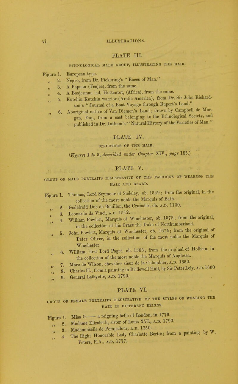 PLATE III. KTHNOLOGICAL MALE GROUP, ILLUSTRATING THE HAIR. Figure 1. European type. „ 2. Negro, from Dr. Pickering's  Races of Man. 3. A Papuan (Feejee), from the same. 4. A Bosjesman lad, Hottentot, (Africa), from the same. 5. Kutchin Kutchin warrior (Arctic America), from Dr. Sir John Richard- son's  Journal of a Boat Voyage through Rupert's Land. 6. Aboriginal native of Van Diemen's Land; drawn by Campbell de Mor- gan, Esq., from a cast belonging to the Ethnological Society, and published in Dr. Latham's  Natural History of the Varieties of Man. PLATE IV. STRUCTURE OF THE HAIR. (Figures 1 to 5, described under Chapter XIV., page 185.) PLATE V. GROUP OF MALE PORTRAITS ILLUSTRATIVE OF THE FASHIONS OF WEARING THE HAIR AND BEARD. Figure 1. Thomas, Lord Seymour of Sudeley, ob. 1549 ; from the original, in the collection of the most noble the Marquis of Bath. 2. Godefroid Due de Bouillon, the Crusader, ob. a.d. 1100. 3. Leonardo da Vinci, a.d. 1512.  4 William Powlett, Marquis of Winchester, ob. 1572; from the original, in the collection of his Grace the Duke of Northumberland. 5 John Powlett, Marquis of Winchester, ob. 1674; from the original of Peter Oliver, in the collection of the most noble the Marquis of Winchester. *• . . 6 William, first Lord Paget, ob. 1563; from tbe original of Holbein, m the collection of tbe most noble the Marquis of Anglesea. 7 Marc de Wilson, chevalier sieur de la Colombier, a.d. 1650. I 8. Charles II., from a painting in BrideweU Hall, by Sir Peter Lely, a.d. 1660 9. General Lafayette, a.d. 1790. PLATE VI. GROUP OF FEMALE PORTRAITS ILLUSTRATIVE OF THE STYLES OF WEARING THE HAIR IN DIFFERENT REIGNS. Figure 1. Miss G a reigning beUe of London, in 1776. 2. Madame Elizabetb, sister of Louis XVI., a.d. 1790. 3. Mademoiselle de Pompadour, a,d. 1750.  4. The Right Honorable Lady Charlotte Bertie; from a pamting by W. Peters, R.A., a.d. 1777.