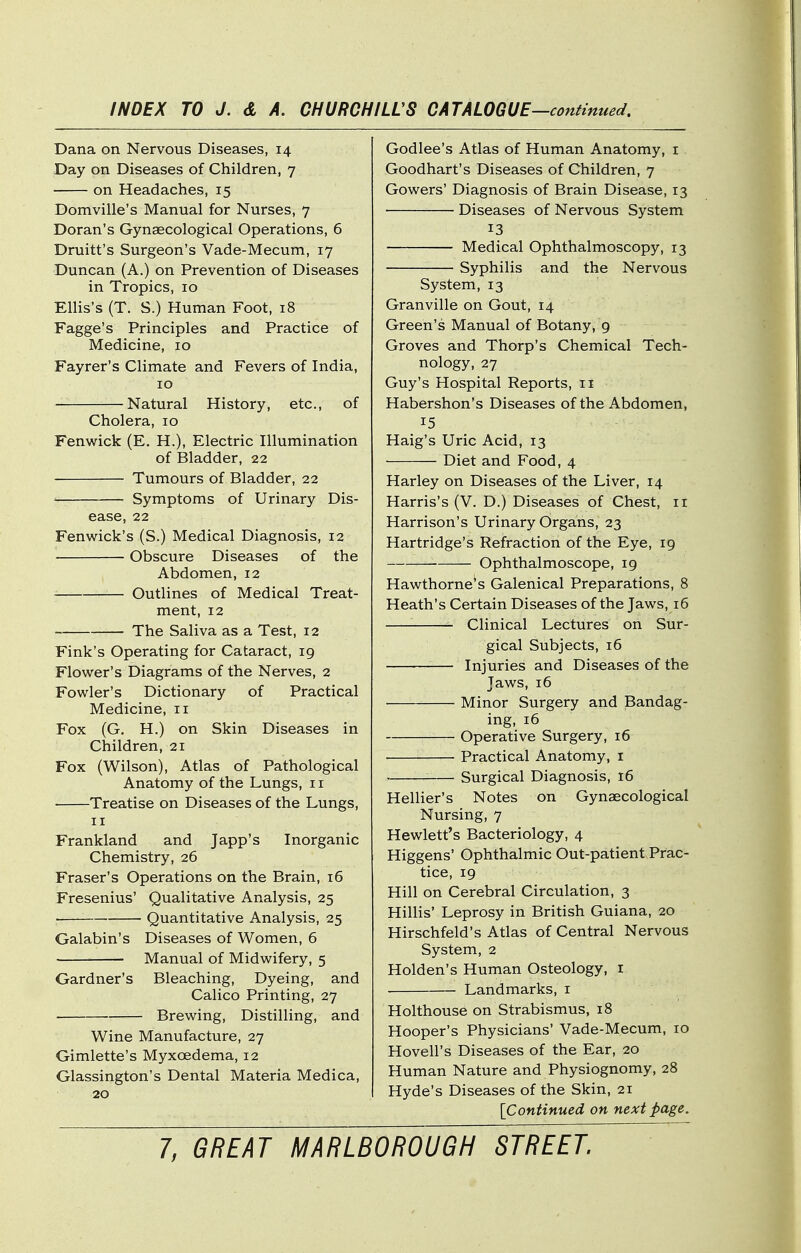 Dana on Nervous Diseases, 14 Day on Diseases of Children, 7 on Headaches, 15 Domville's Manual for Nurses, 7 Doran's Gynaecological Operations, 6 Druitt's Surgeon's Vade-Mecum, 17 Duncan (A.) on Prevention of Diseases in Tropics, 10 Ellis's (T. S.) Human Foot, 18 Fagge's Principles and Practice of Medicine, 10 Fayrer's Climate and Fevers of India, 10 Natural History, etc., of Cholera, 10 Fenwick (E. H.), Electric Illumination of Bladder, 22 Tumours of Bladder, 22 Symptoms of Urinary Dis- ease, 22 Fenwick's (S.) Medical Diagnosis, 12 Obscure Diseases of the Abdomen, 12 Outlines of Medical Treat- ment, 12 The Saliva as a Test, 12 Fink's Operating for Cataract, 19 Flower's Diagrams of the Nerves, 2 Fowler's Dictionary of Practical Medicine, 11 Fox (G. H.) on Skin Diseases in Children, 21 Fox (Wilson), Atlas of Pathological Anatomy of the Lungs, 11 ■ Treatise on Diseases of the Lungs, II Frankland and Japp's Inorganic Chemistry, 26 Eraser's Operations on the Brain, 16 Fresenius' Qualitative Analysis, 25 '■ Quantitative Analysis, 25 Galabin's Diseases of Women, 6 ■ Manual of Midwifery, 5 Gardner's Bleaching, Dyeing, and Calico Printing, 27 Brewing, Distilling, and Wine Manufacture, 27 Gimlette's Myxoedema, 12 Glassington's Dental Materia Medica, 20 Godlee's Atlas of Human Anatomy, i Goodhart's Diseases of Children, 7 Gowers' Diagnosis of Brain Disease, 13 Diseases of Nervous System 13 Medical Ophthalmoscopy, 13 Syphilis and the Nervous System, 13 Granville on Gout, 14 Green's Manual of Botany, 9 Groves and Thorp's Chemical Tech- nology, 27 Guy's Hospital Reports, 11 Habershon's Diseases of the Abdomen, 15 Haig's Uric Acid, 13 Diet and Food, 4 Harley on Diseases of the Liver, 14 Harris's (V. D.) Diseases of Chest, 11 Harrison's Urinary Organs, 23 Hartridge's Refraction of the Eye, 19 Ophthalmoscope, 19 Hawthorne's Galenical Preparations, 8 Heath's Certain Diseases of the Jaws, 16 Clinical Lectures on Sur- gical Subjects, 16 Injuries and Diseases of the Jaws, 16 Minor Surgery and Bandag- ing, 16 Operative Surgery, 16 • Practical Anatomy, i Surgical Diagnosis, 16 Hellier's Notes on Gynaecological Nursing, 7 Hewlett's Bacteriology, 4 Higgens' Ophthalmic Out-patient Prac- tice, 19 Hill on Cerebral Circulation, 3 Hillis' Leprosy in British Guiana, 20 Hirschfeld's Atlas of Central Nervous System, 2 Holden's Human Osteology, i Landmarks, i Holthouse on Strabismus, 18 Hooper's Physicians' Vade-Mecum, 10 Hovell's Diseases of the Ear, 20 Human Nature and Physiognomy, 28 Hyde's Diseases of the Skin, 21 [Continued on next page.