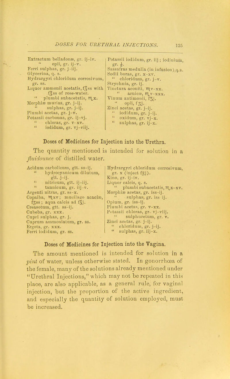 Extractum belladonse, gr. ij-iv.  opii, gr. ij-v. Ferri sulphas, gr. j-iij. Glycerina, q. s. Hydrargyri cliloridum oorrosivum, gr. ss. Liquor ammonii acetatis, f5ss with f5ss of rose-water.  plumbi subacetatis, ITLx. Morphiae murias, gr. j-ij.  sulphas, gr. j-ij. Plumbi acetas, gr. j-v. Potassii carbouas, gr. ij-vj.  chloras, gr. v-xv.  iodidum, gr. vj-viij. Potassii iodidum, gr. iij ; iodinium, gr- ^• Sassafras medulla (iu infusion),q.s. Sodii boras, gr. x-xv.  chloridum, gr. j-v. Strychnia, gr. ij. Tiiiutura aconiti, Tt\v-xx.  arnicse, rT\^v-xxx. Viuum autimoiiii, f5j.  opii, fSi- Zinci acetas, gr. j-ij.  iodidum, gr. j-ij.  oxidum, gr. vj-x.  sulphas, gr. ij-x. Doses of Medicines for Injection into the Urethra. The quantity mentioned is intended for solution in a Jluidounce of distilled water. Hydrargyri chloridum corrosivum, gr. X (iuject f^j). Kino, gr. ij-iv. Liquor calcis, q. s.  plumbi subacetatis, TTLx-xv.. Morphise acetas, gr. iss-ij.  sulphas, gr. iss ij. Opium, gr. iss-ij. Plumbi acetas, gr. v-xx. Potassii chloras, gr. vj-viij.  sulphuretum, gr. v. Zinci acetas, gr. j-ij.  chloridum, gr. j-ij.  sulphas, gr. iij-x. Acidum carbolicum, gtt. ss-ij.  hydrocyanicum dilatum, gtt. j-ij.  nitricum, gtt. ij-iij.  tanuicum, gr. iij-v. Argenti uitras, gr. ss-x. Copaiba, th^xv; mucilago acaciaa, f^ss ; aqua calcis ad f§j. Creasotum, gtt. ss-ij. Cubeba, gr. xxx. Cupri sulphas, gr. j. Cuprum ammoniatum, gr. ss. Ergota, gr. xxx. Ferri iodidum, gr. ss. Doses of Medicines for Injection into the Vagina. The amount mentioned is intended for solution in a pint of water, unless otherwise stated. In gonorrhoea of the female, many of the solutions already mentioned under Urethral Injections, which may not be repeated in this place, are also applicable, as a general rule, for vaginal injection, but the proportion of the active ingredient, and especially the quantity of solution employed, must be increased.