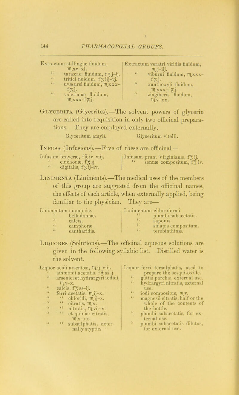 Extractum stillingise fluidum, Tt\,xv -xl. taraxaci fluidum, f.^j-ij. tritici fluidum, fgiij-vj. uv£e ursi fluidum, Tt\,xxx- Valeriana fluidum, nixxx-fgj. II II II Extractum veratri viridis fluidum, .Ij-iij- viburni fluidum, TTLxxx- xanthoxyli fluidum, n\,xxx-f3j.  zingiberis fluidum, Ti\,v-xx. Glycerita (Glycerites).—The solvent powers of glycerin are called into requisition in only two officinal prepara- tions. They are employed externally. Glyceritum amyli. Glyceritum vitelli. Infusa (Infusions).—Five of these are officinal— Infusum brayerae, f,^ iv-viij.  cinchonae, f ^ ij.  digitalis, f 3 ij-iv. Infusum pruni Virginianse, f^ ij. '' sennae compositum, f^ iv. LiNlMENTA (Liniments).—The medical uses of the members of this group are suggested from the officinal names, the effects of each article, when externally applied, being familiar to the physician. They are— Linimentum ammonife.  belladonna.  calcis.  camphorae. '' cantharidis. Linimentum cliloroformi. plumbi subacetatis. saponis. sinapis compositum. terebinthinse. II <( LiQUORES (Solutions).—The officinal aqueous solutions are given in the following syllabic list. Distilled water is the solvent. Liquor acidi arseniosi, Tr\,ij-viij. ammonii acetatis, f,^ ss-j. arsenici et hydrargyri iodidi, n\,v-x.__ calcis, f5 ss-ij. ferri acetatis, Tr\^ij-x.  chloridi, TTLij-x. citratis, tt^x. nitratis, TTLvij-x. et qninia: citratis, ITLX-XX. subsulphatis, exter- nally styptic. II i> Liquor ferri tersulpliatis, used to prepare the sesqui-oxide.  gutta3 percha, external use.  hydrargyri nitratis, external use. '■ iodi compositus, n\,v.  magnesii citratis, half ortlie whole of the contents of the bottle, iilumbi subacetatis, for ex- ternal use.  ])lumbi subacetatis dilutus, for external use.