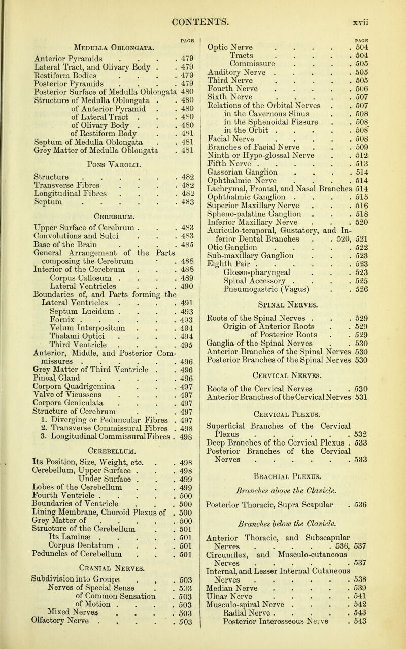 Medulla Oblongata. Anterior Pyramids .... 479 Lateral Tract, and Olivary Body . . 479 Eestiform Bodies .... 479 Posterior Pyramids .... 479 Posterior Surface of Medulla Oblongata 480 Structure of Medulla Oblongata . . 480 of Anterior Pyramid . . 480 of Lateral Tract . . . 4fc0 of Olivary Body . . .480 of Restiform Body . . 4H1 Septum of Medulla Oblongata . .481 Grey Matter of Medulla Oblongata . 481 Pons Varolii. Structure Transverse Fibres Longitudinal Fibres Septum Cerebrum. Upper Surface of Cerebrum . Convolutions and Sulci Base of the Brain General Arrangement of the Parts composing the Cerebrum Interior of the Cerebrum Corpus Callosum . Lateral Ventricles Boundaries of, and Parts forming the Lateral Ventricles Septum Lucidum . Fornix .... Velum Interpositum Thalami Optici Third Ventricle Anterior, Middle, and Posterior Com- missures .... Grey Matter of Third Ventricle Pineal Gland Corpora Quadrigemina Valve of Vieussens Corpora Geniculata Structure of Cerebrum 1. Diverging or Peduncular Fibres 2. Transverse Commissural Fibres 3. Longitudinal Commissural Fibres Cerebellum. Its Position, Size, Weight, etc. Cerebellum, Upper Surface . Under Surface . Lobes of the Cerebellum Fourth Ventricle .... Boundaries of Ventricle Lining Membrane, Choroid Plexus of Grey Matter of ... . Structure of the Cerebellum Its Laminge .... Corpus Dentatum . Peduncles of Cerebellum 482 482 482 483 483 483 485 488 488 489 490 491 493 493 494 494 495 496 496 496 497 497 497 497 497 498 498 Cranial Nerves. Subdivision into Groups . , Nerves of Special Sense of Common Sensation of Motion . Mixed Nerves Olfactory Nerve .... . 498 . 498 . 499 . 499 . 500 . 500 . 500 . 500 . 501 . 501 . 501 . 501 503 503 503 503 503 503 PAOE Optic Nerve 504 Tracts 504 Commissure .... 505 Auditory Nerve 505 Third Nerve 505 Fourth Nerve 506 Sixth Nerve 507 Relations of the Orbital Nerves . . 507 in the Cavernous Sinus . . 508 in the Sphenoidal Fissure . . 508 in the Orbit 508 Facial Nerve ...... 508 Branches of Facial Nerve . . . 509 Ninth or Hypo-glossal Nerve . .512 Fifth Nerve 513 Gasserian Ganglion . . . .514 Ophthalmic Nerve .... 614 Lachrymal, Frontal, and Nasal Branches 514 Ophthalmic Ganglion .... 515 Superior Maxillary Nerve . . .516 Spheno-palatine Ganglion . . . 518 Inferior Maxillary Nerve . . . 520 Auriculo-teraporal, Gustatory, and In- 520, 521 . 522 . 523 . 523 . 523 . 525 . 526 ferior Dental Branches Otic Ganglion Sub-maxillary Ganglion Eighth Pair . Glosso-phary n geal Spinal Accessory . Pneumogastric (Vagus) Spinal Nerves. Roots of the Spinal Nerves . . . 529 Origin of Anterior Roots . . 529 of Posterior Roots . .529 Ganglia of the Spinal Nerves . . 530 Anterior Branches of the Spinal Nerves 530 Posterior Branches of the Spinal Nerves 530 Cervical Nerves. Roots of the Cervical Nerves . .530 Anterior Branches of the Cervical Nerves 531 Cervical Plexus. Superficial Branches of the Cervical Plexus 532 Deep Branches of the Cervical Plexus . 533 Posterior Branches of the Cervical Nerves 533 Brachial Plexus. Branches above the Clavicle. Posterior Thoracic, Supra Scapular 536 Branches helow the Clavicle. Anterior Thoracic, and Subscapular Nerves 536, 537 Circumflex, and Musculo-cutaneous Nerves 537 Internal, and Lesser Internal Cutaneous Nerves 538 Median Nerve 539 Ulnar Nerve 541 Musculo-spiral Nerve .... 542 Radial Nerve 543 Posterior Interosseous Nei ve . 543