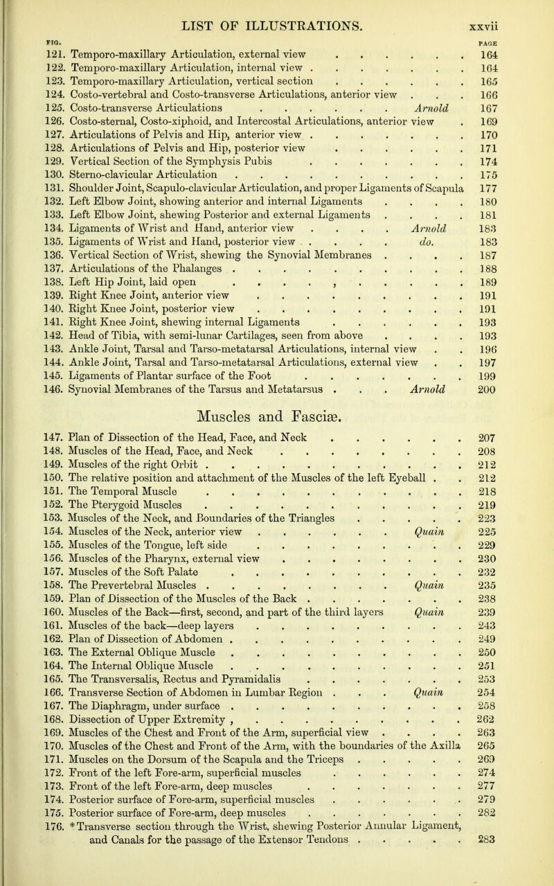 FI<3. PAGE 121. Temporo-maxillary Articulation, external view 164 122. Temporo-maxillary Articulation, internal view 164 123. Temporo-maxillary Articulation, vertical section 165 124. Costo-vertebral and Costo-transverse Articulations, anterior view . . . 166 125. Costo-transverse Articulations Arnold 167 126. Costo-sternal, Costo-xiptioid, and Intercostal Articulations, anterior view . 169 127. Articulations of Pelvis and Hip, anterior view 170 128. Articulations of Pelvis and Hip, posterior view .171 129. Vertical Section of the Symphysis Pubis 174 130. Sterno-clavicular Articulation 175 131. Shoulder Joint, Scapulo-clavicular Articulation, and proper Ligaments of Scapula 177 132. Left Elbow Joint, showing anterior and internal Ligaments . . . .180 133. Left Elbow Joint, shewing Posterior and external Ligaments .... 181 134. Ligaments of Wrist and Hand, anterior view .... Aiiiold 183 135. Ligaments of Wrist and Hand, posterior view .... do. 183 136. Vertical Section of Wrist, shewing the Synovial Membranes .... 187 137. Articulations of the Phalanges ] 88 138. Left Hip Joint, laid open . . . . , 189 139. Right Knee Joint, anterior view 191 140. Right Knee Joint, posterior view 191 141. Right Knee Joint, shewing internal Ligaments 193 142. Head of Tibia, with semi-lunar Cartilages, seen from above .... 193 143. Ankle Joint, Tarsal and Tarso-metatarsal Articulations, internal view . . 196 144. Ankle Joint, Tarsal and Tarso-metatarsal Articulations, external view . . 197 145. Ligaments of Plantar surface of the Foot 199 146. Synovial Membranes of the Tarsus and Metatarsus . . . Arnold 200 Muscles and Fascise. 147. Plan of Dissection of the Head, Face, and Neck 207 148. Muscles of the Head, Face, and Neck 208 149. Muscles of the right Orbit 212 150. The relative position and attachment of the Muscles of the left Eyeball . . 212 151. The Temporal Muscle 218 152. The Pterygoid Muscles 219 153. Muscles of the Neck, and Boundaries of the Triangles 223 154. Muscles of the Neck, anterior view Quain 225 155. Muscles of the Tongue, left side . 229 156. Muscles of the Pharynx, external view 230 157. Muscles of the Soft Palate 232 158. The Prevertebral Muscles Quain 235 159. Plan of Dissection of the Muscles of the Back 238 160. Muscles of the Back—first, second, and part of the third layers Quain 239 161. Muscles of the back—deep layers 243 162. Plan of Dissection of Abdomen 249 163. The External Oblique Muscle 250 164. The Internal Oblique Muscle 251 165. The Transversalis, Rectus and Pyramidalis 253 166. Transverse Section of Abdomen in Lumbar Region . . . Quain 254 167. The Diaphragm, under surface 258 168. Dissection of Upper Extremity , 262 169. Muscles of the Chest and Front of the Arm, superficial view .... 263 170. Muscles of the Chest and Front of the Arm, with the boundaries of the Axilla 265 171. Muscles on the Dorsum of the Scapula and the Triceps 269 172. Front of the left Fore-arm, superficial muscles 274 173. Front of the left Fore-arm, deep muscles 277 174. Posterior surface of Fore-arm, superficial muscles 279 175. Posterior surface of Fore-arm, deep muscles 282 176. * Transverse section through the Wrist, shewing Posterior Annular Ligament, and Canals for the passage of the Extensor Tendons 283
