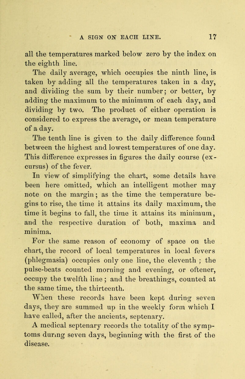 all the temperatures marked below zero by the index on the eighth line. The daily average, which occupies the ninth line, is taken by adding all the temperatures taken in a day, and dividing the sum by their number; or better, by adding the maximum to the minimum of each day, and dividing by two. The product of either operation is considered to express the average, or mean temperature of a day. The tenth line is given to the daily difference found between the highest and lowest temperatui^es of one day. This difference expresses in figures the daily course (ex- cursus) of the fever. In view of simplifying the chart, some details have been here omitted, which an intelligent mother may note on the margin; as the time the temperature be- gins to rise, the time it attains its daily maximum, the time it begins to fall, the time it attains its minimum, and the respective duration of both, maxima and minima. For the same reason of economy of space on the chart, the record of local temperatures in local fevers (phlegmasia) occupies only one line, the eleventh ; the pulse-beats counted morning and evening, or oftener, occupy the twelfth line; and the breathings, counted at the same time, the thirteenth. When these records have been kept during seven days, they are summed up in the weekly form which I have called, after the ancients, septenary. A medical septenary records the totality of the symp- toms during seven days, beginning with the first of the disease.