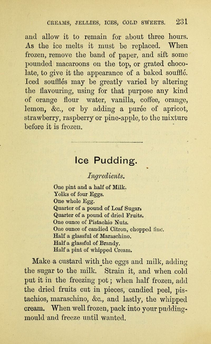 and allow it to remain for about three hours. As the ice melts it must be replaced. When frozen, remove the band of paper, and sift some pounded macaroons on the top, or grated choco- late, to give it the appearance of a baked souffle. Iced souffles may be greatly varied by altering the flavouring, using for that purpose any kind of orange flour water, vanilla, coffee, orange, lemon, &c., or by adding a puree of apricot, strawberry, raspberry or pine-apple, to the mixture before it is frozen. Ice Pudding. Ingredients, One pint and a half of Milk* Yolks of four Eggs. One whole Egg. Quarter of a pound of Loaf Sugar6 Quarter of a pound of dried Fruits* One ounce of Pistachio Nuts. One ounce of candied Citron, chopped fine. Half a glassful of Maraschino. Half a glassful of Brandy. Half a pint of whipped Cream. Make a custard with^the eggs and milk, adding the sugar to the milk. Strain it, and when cold put it in the freezing pot; when half frozen, add the dried fruits cut in pieces, candied peel, pis- tachios, maraschino, &c., and lastly, the whipped cream. When well frozen, pack into your pudding- mould and freeze until wanted.