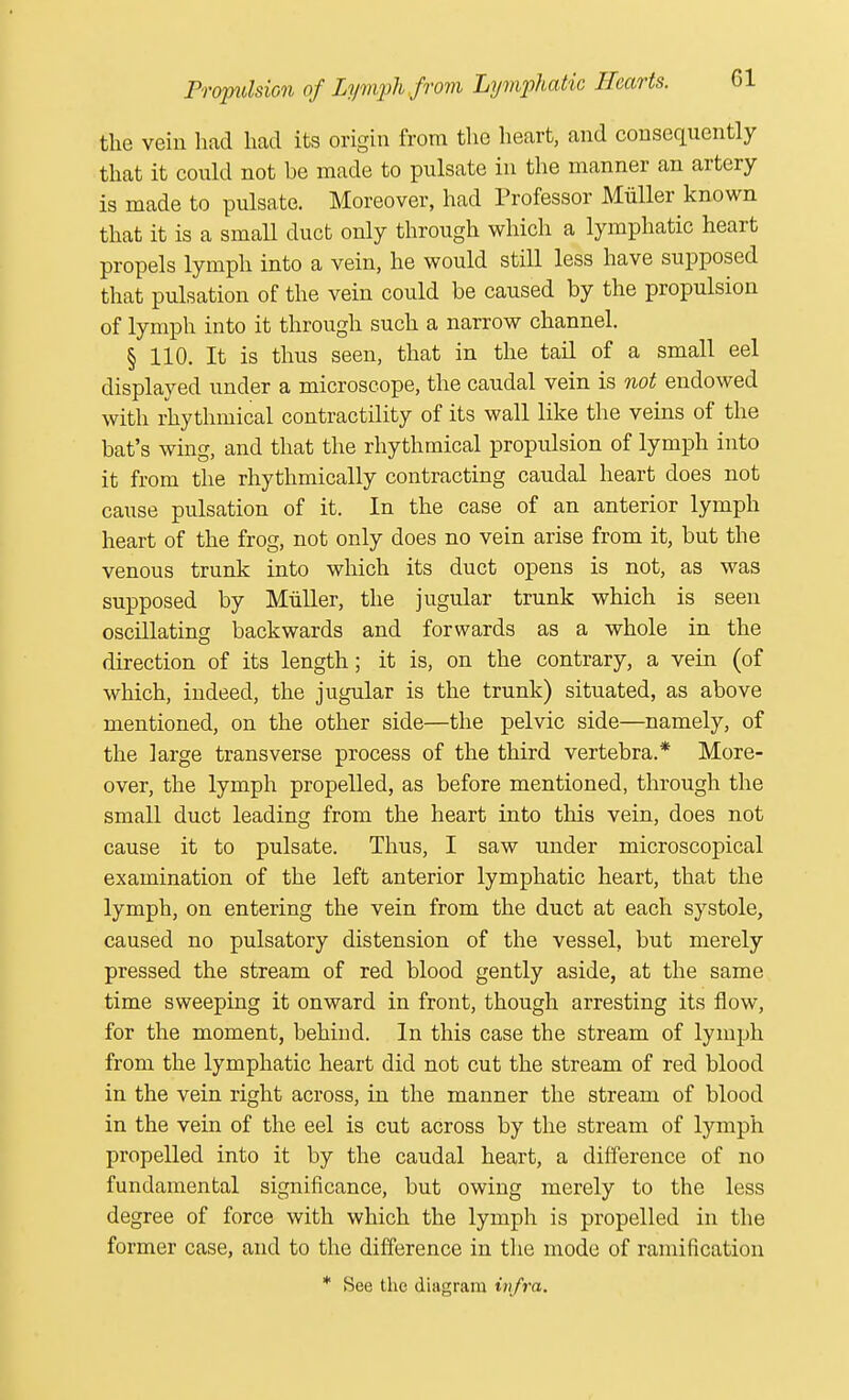 the vein had had its origin from the heart, and consequently that it could not be made to pulsate in the manner an artery is made to pulsate. Moreover, had Professor Miiller known that it is a small duct only through which a lymphatic heart propels lymph into a vein, he would still less have supposed that pulsation of the vein could be caused by the propulsion of lymph into it through such a narrow channel. § 110. It is thus seen, that in the tail of a small eel displayed under a microscope, the caudal vein is not endowed with rhythmical contractility of its wall like the veins of the bat's wing, and that the rhythmical propulsion of lymph into it from the rhythmically contracting caudal heart does not cause pulsation of it. In the case of an anterior lymph heart of the frog, not only does no vein arise from it, but the venous trunk into which its duct opens is not, as was supposed by Miiller, the jugular trunk which is seen oscillating backwards and forwards as a whole in the direction of its length; it is, on the contrary, a vein (of which, indeed, the jugular is the trunk) situated, as above mentioned, on the other side—the pelvic side—namely, of the large transverse process of the third vertebra.* More- over, the lymph propelled, as before mentioned, through the small duct leading from the heart into this vein, does not cause it to pulsate. Thus, I saw under microscopical examination of the left anterior lymphatic heart, that the lymph, on entering the vein from the duct at each systole, caused no pulsatory distension of the vessel, but merely pressed the stream of red blood gently aside, at the same time sweeping it onward in front, though arresting its flow, for the moment, behind. In this case the stream of lymph from the lymphatic heart did not cut the stream of red blood in the vein right across, in the manner the stream of blood in the vein of the eel is cut across by the stream of lymph propelled into it by the caudal heart, a difference of no fundamental significance, but owing merely to the less degree of force with which the lymph is propelled in the former case, and to the difference in the mode of ramification