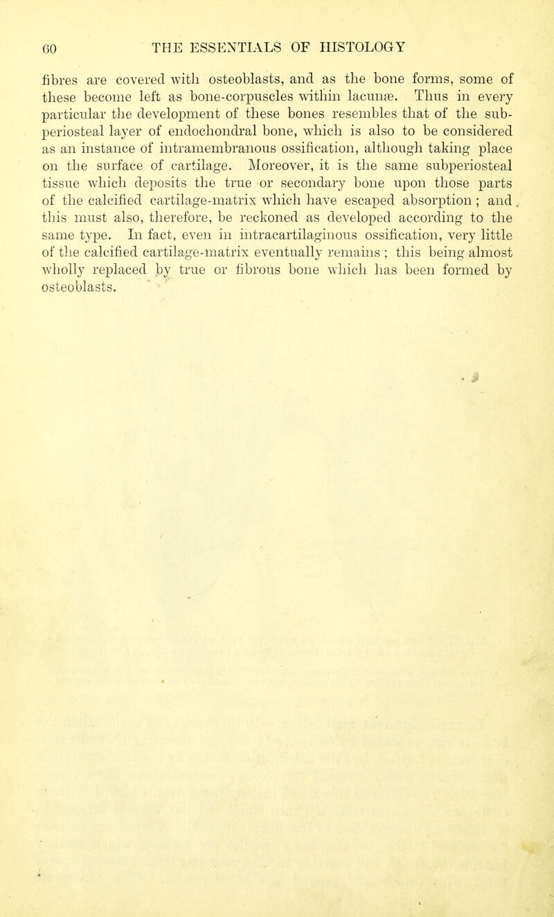 fibres are covered with osteoblasts, and as the bone forms, some of these become left as bone-corpuscles withm lacmiae. Thus m every particular the development of these bones resembles that of the sub- periosteal layer of endochondral bone, which is also to be considered as an instance of intramembranous ossification, although taking place on the surface of cartilage. Moreover, it is the same subperiosteal tissue which deposits the true or secondary bone upon those parts of the calcified cartilage-matrix which have escaped absorption ; and this must also, therefore, be reckoned as developed according to the same type. In fact, even in intracartilaginous ossification, very little of the calcified cartilage-matrix eventually remains ; this being almost wholly replaced by true or fibrous bone which has been formed by osteoblasts.