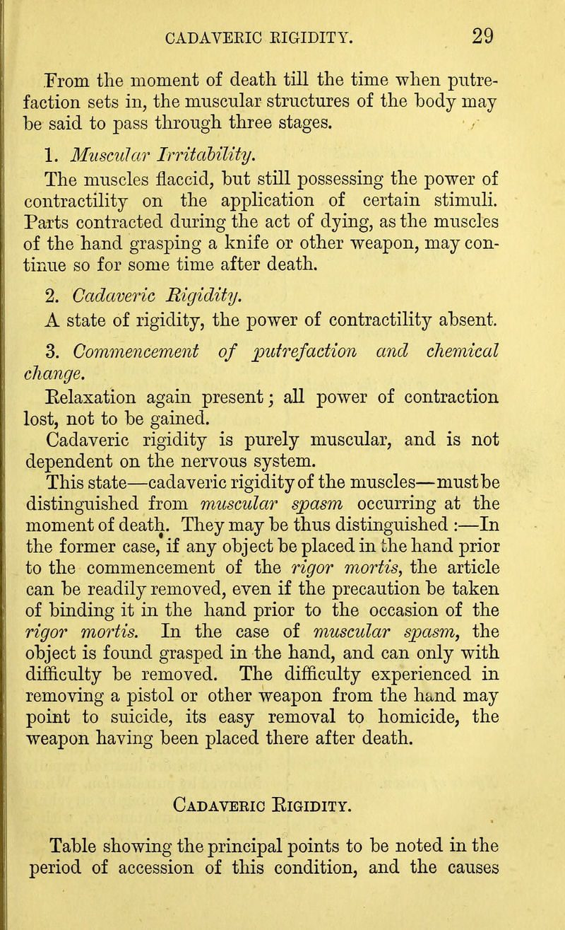 .From the moment of death till the time when putre- faction sets in, the muscular structures of the body may be said to pass through three stages. 1. Muscular Irritability. The muscles flaccid, but still possessing the power of contractility on the application of certain stimuli. Parts contracted during the act of dying, as the muscles of the hand grasping a knife or other weapon, may con- tinue so for some time after death. 2. Cadaveric Rigidity. A state of rigidity, the power of contractility absent. 3. Commencement of 'putrefaction and chemical cliange. Eelaxation again present; aU power of contraction lost, not to be gained. Cadaveric rigidity is purely muscular, and is not dependent on the nervous system. This state—cadaveric rigidity of the muscles—must be distinguished from muscular spasm occurring at the moment of death. They may be thus distinguished :—In the former case, if any object be placed in iihe hand prior to the commencement of the rigor mortis, the article can be readily removed, even if the precaution be taken of binding it in the hand prior to the occasion of the rigor mortis. In the case of muscular spasm, the object is found grasped in the hand, and can only with difficulty be removed. The difficulty experienced in removing a pistol or other weapon from the hand may point to suicide, its easy removal to homicide, the weapon having been placed there after death. Cadaveric Eigidity. Table showing the principal points to be noted in the period of accession of this condition, and the causes