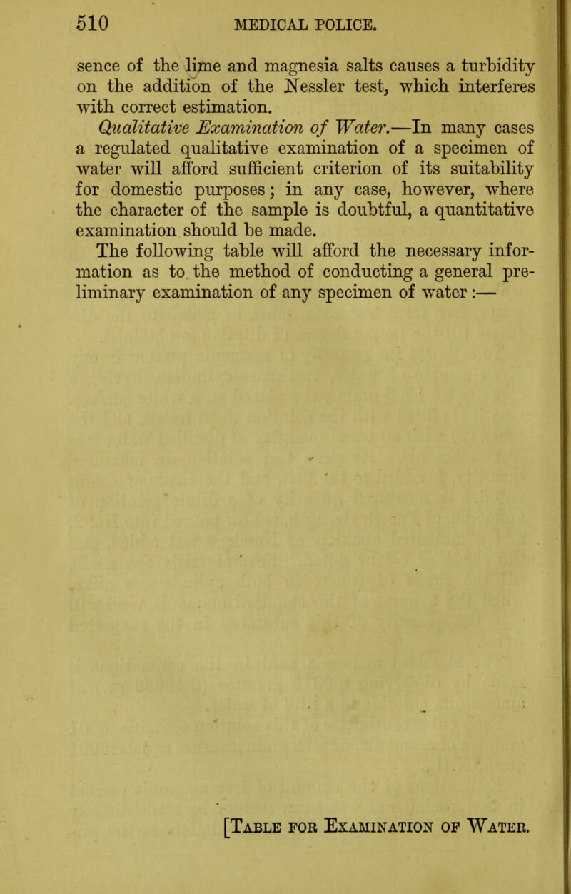 sence of the lime and magnesia salts causes a turbidity on the addition of the Kessler test, which interferes with correct estimation. Qualitative Examination of Water.—In many cases a regulated qualitative examination of a specimen of water will afford sufficient criterion of its suitability for domestic purposes; in any case, however, where the character of the sample is doubtful, a quantitative examination should be made. The following table will afford the necessary infor- mation as to the method of conducting a general pre- liminary examination of any specimen of water :— [Table for Examination of Water.