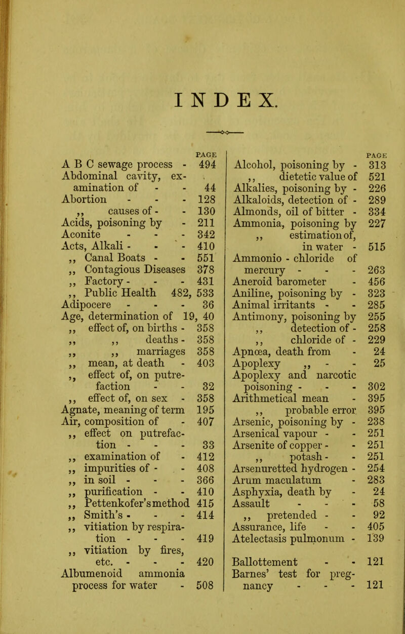 INDEX. PAGE ABC sewage process - 494 Abdominal cavity, ex- amination of - - 44 Abortion - - - 128 ,, causes of- - 130 Acids, poisoning by - 211 Aconite - - - 342 Acts, Alkali - - - 410 Canal Boats - - 551 ,, Contagious Diseases 378 „ Factory- - - 431 Public Health 482, 533 Adipocere - - - 36 Age, determination of 19, 40 ,, effect of, on births - 358 ,, deaths- 358 ,, ,, marriages 358 mean, at death - 403 effect of, on putre- faction - - 32 ,, effect of, on sex - 358 Agnate, meaning of term 195 Air, composition of - 407 ,, effect on putrefac- tion - - - 33 ,, examination of - 412 ,, impurities of - - 408 „ in soil - - - 366 ,, purification - - 410 ,, Pettenkofer's method 415 „ Smith's - - - 414 ,, vitiation by respira- tion - - - 419 ,, vitiation by fires, etc. - - - 420 Albumenoid ammonia process for water - 508 PAGE Alcohol, poisoning by - 313 ,, dietetic value of 521 Alkalies, poisoning by - 226 Alkaloids, detection of - 289 Almonds, oil of bitter - 334 Ammonia, poisoning by 227 ,, estimation of, in water - 515 Ammonio - chloride of mercury - - - 263 Aneroid barometer - 456 Aniline, poisoning by - 323 Animal irritants - - 285 Antimony, poisoning by 255 ,, detection of - 258 ,, chloride of - 229 Apncea, death from - 24 Apoplexy ,, - - 25 Apoplexy and narcotic poisoning - - - 302 Arithmetical mean - 395 ,, probable error 395 Arsenic, poisoning by - 238 Arsenical vapour - - 251 Arsenite of copper - - 251 potash- - 251 Arsenuretted hydrogen - 254 Arum maculatum - 283 Asphyxia, death by - 24 Assault - - - 58 ,, pretended - - 92 Assurance, life - - 405 Atelectasis pulmonum - 139 Ballottement - - 121 Barnes' test for preg- nancy - - - 121