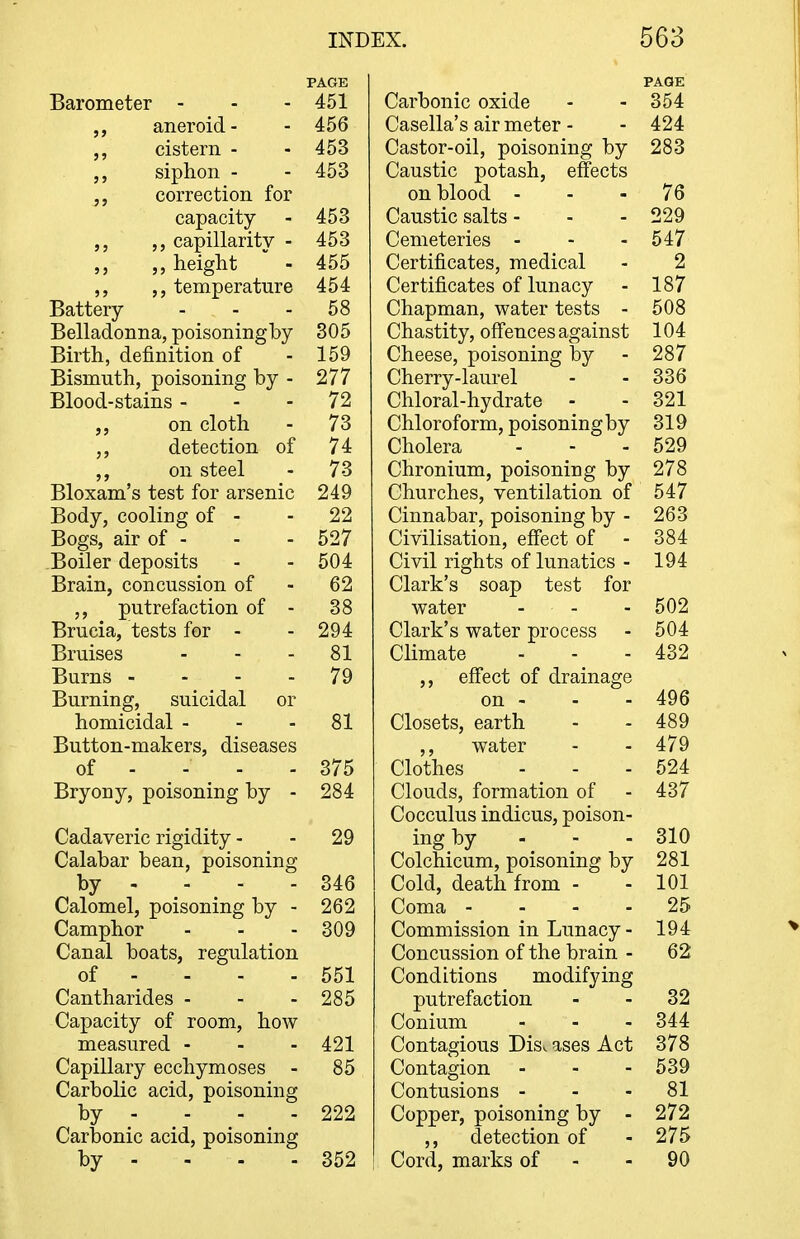 Barometer - PAGE 451 aneroid- 456 cistern - 453 siphon - 453 correction for capacity 453 capillarity - 453 height temperature Battery- 455 454 58 Belladonna, poisoninsrby 305 Birth, definition of 159 Bismuth, poisoning by - 277 Blood-stains - - - 72 on cloth 73 detection of 74 on steel 73 Bloxam's test for arsenic 249 Body, cooling of - 22 Bogs, air of - Boiler deposits 527 504 Brain, concussion of ,, putrefaction of - 62 38 Brueia, tests for - 294 Bruises 81 Burns - - - - 79 Burning, suicidal or homicidal - 81 Button-makers, diseases of - - - 375 Bryony, poisoning by - 284 Cadaveric rigidity - 29 Calabar bean, poisoning by - - - - 346 Calomel, poisoning by - 262 Camphor 309 Canal boats, regulation of - - - - 551 Cantharides - 285 Capacity of room, how measured - 421 Capillary ecchymoses - 85 Carbolic acid, poisoning by ... - 222 Carbonic acid, poisoning by - - - - 352 PAGE Carbonic oxide - - 354 Casella's air meter - - 424 Castor-oil, poisoning by 283 Caustic potash, effects on blood - - - 76 Caustic salts - - - 229 Cemeteries - - - 547 Certificates, medical - 2 Certificates of lunacy - 187 Chapman, water tests - 508 Chastity, offences against 104 Cheese, poisoning by - 287 Cherry-laurel - - 336 Chloral-hydrate - - 321 Chloroform, poisoning by 319 Cholera - - - 529 Chronium, poisoning by 278 Churches, ventilation of 547 Cinnabar, poisoning by - 263 Civilisation, effect of - 384 Civil rights of lunatics - 194 Clark's soap test for water . . - 502 Clark's water process - 504 Climate - - - 432 ,, effect of drainage on - - - 496 Closets, earth - - 489 ,, water - - 479 Clothes - - - 524 Clouds, formation of - 437 Cocculus indicus, poison- ing by - - - 310 Colchicum, poisoning by 281 Cold, death from - - 101 Coma - - - - 25 Commission in Lunacy- 194 Concussion of the brain - 62 Conditions modifying putrefaction - - 32 Conium - - - 344 Contagious Dis. ases Act 378 Contagion - - - 539 Contusions ... 81 Copper, poisoning by - 272 ,, detection of - 275 Cord, marks of - - 90