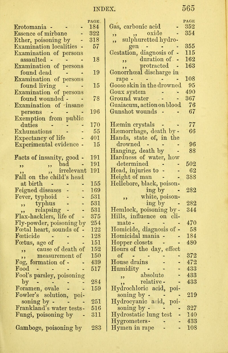 PAGE Erotomania - - - 184 Essence of mirbane - 322 Ether, poisoning by - 318 Examination localities - 57 Examination of persons assaulted - - - 18 Examination of persons found dead - - 19 Examination of persons found living - - 15 Examination of persons found wounded - - 78 Examination of insane persons - - - 196 Exemption from public duties - - - 170 Exhumations - - 55 Expectancy of life - 401 Experimental evidence - 15 Facts of insanity, good - 191 „ ,, bad - 191 irrelevant 191 Eall on the child's head at birth - - - 155 Feigned diseases - - 169 Fever, typhoid - - 531 typhus - - 531 relapsing - - 531 Flax-hacklers, life of - 375 Fly-powder, poisoning by 254 Foetal heart, sounds of - 122 Foeticide - - - 128 Foetus, age of - - 151 cause of death of 152 measurement of 150 Fog, formation of - - 439 Food - - - - 517 Fool's parsley, poisoning by - - - - 284 Foramen, ovale - - 159 Fowler's solution, poi- soning by - - - 251 Frankland's water tests- 516 Fungi, poisoning by - 311 Gamboge, poisoning by 283 Gas, carbonic acid PAGE 352 ,, ,, oxide 354 ,, sulphuretted hydro- gen - 355 Gestation, diagnosis of - 115 ,, duration of - 162 ,, protracted JLoo Gonorrhoeal discharge in rape ... - 108 Goose skin in the drowned 95 Goux system - - 490 Ground water - - 367 Guaiacum, action on blood 76 Gunshot wounds - - 67 Hsemin crystals - - 77 Htemorrhage, death by - 66 Hands, state of, in the drowned - - - 96 Hanging, death by - 88 Hardness of water, how determined - - 502 Head, injuries to - - 62 Height of man - - 388 Hellebore, black, poison- ing by - 282 ,, white, poison- ing by - 282 Hemlock, poisoning by - 344 Hills, influence on cli- mate- - - - 470 Homicide, diagnosis of - 58 Homicidal mania - - 184 Hopper closets - - 480 Hours of the day, effect of - - - - 372 House drains - - 472 Humidity - - - 433 absolute - 433 ,, relative- - 433 Hydrochloric acid, poi- soning by - - - 219 Hydrocyanic a id, poi- soning by - - - 327 Hydrostatic lung test - 140 Hygrometers- - - 433 Hymen in rape - - 108