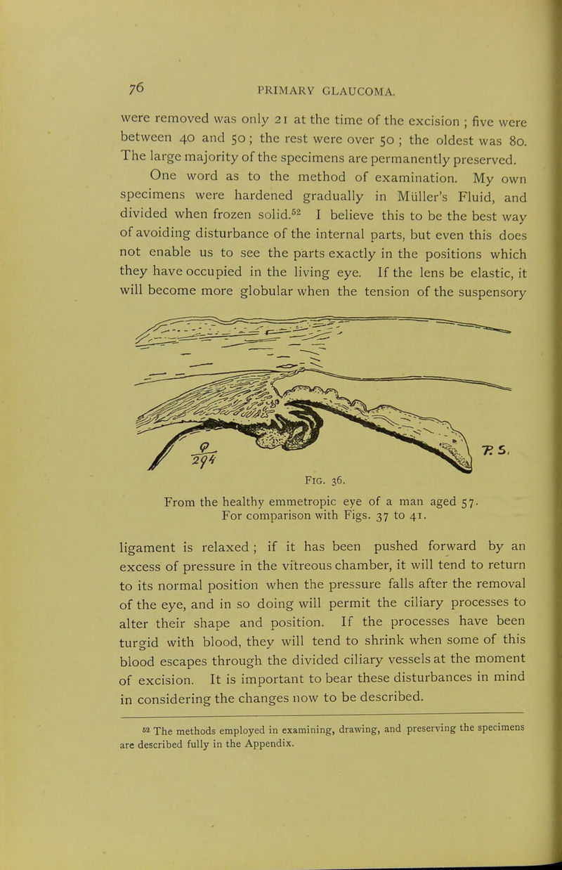 were removed was only 21 at the time of the excision ; five were between 40 and 50; the rest were over 50 ; the oldest was 80. The large majority of the specimens are permanently preserved. One word as to the method of examination. My own specimens were hardened gradually in Muller's Fluid, and divided when frozen solid.^^ j believe this to be the best way of avoiding disturbance of the internal parts, but even this does not enable us to see the parts exactly in the positions which they have occupied in the living eye. If the lens be elastic, it will become more globular when the tension of the suspensory Fig. 36. From the healthy emmetropic eye of a man aged 57. For comparison with Figs. 37 to 41. ligament is relaxed ; if it has been pushed forward by an excess of pressure in the vitreous chamber, it will tend to return to its normal position when the pressure falls after the removal of the eye, and in so doing will permit the ciliary processes to alter their shape and position. If the processes have been turgid with blood, they will tend to shrink when some of this blood escapes through the divided ciliary vessels at the moment of excision. It is important to bear these disturbances in mind in considering the changes now to be described. 52 The methods employed in examining, drawing, and preserving the specimens are described fully in the Appendix.