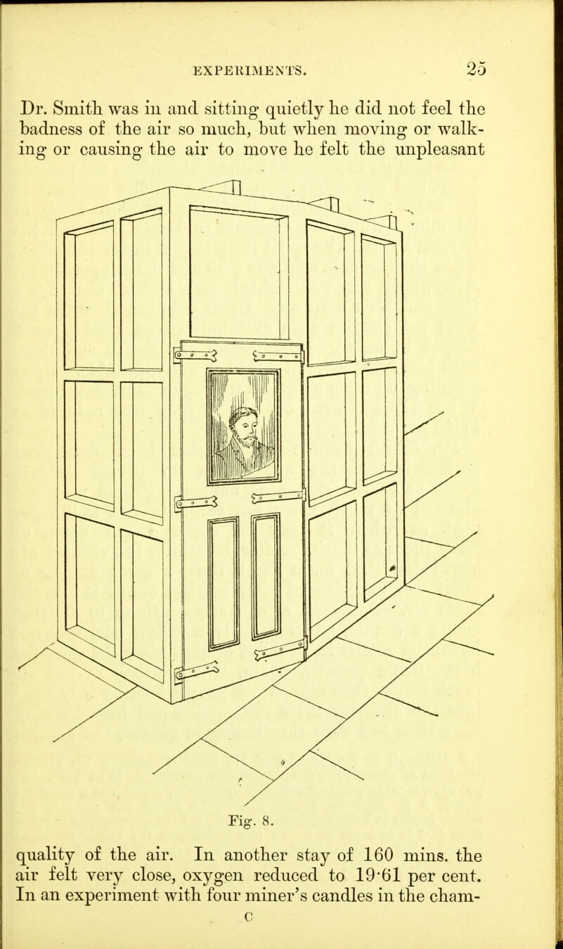 Dr. Smith was in and sitting quietly lie did not feel the badness of the air so much, but when moving or walk- ing or causing the air to move he felt the unpleasant Fig. 8. quality of the air. In another stay of 160 mins. the air felt very close, oxygen reduced to 19*61 per cent. In an experiment with four miner's candles in the cham-