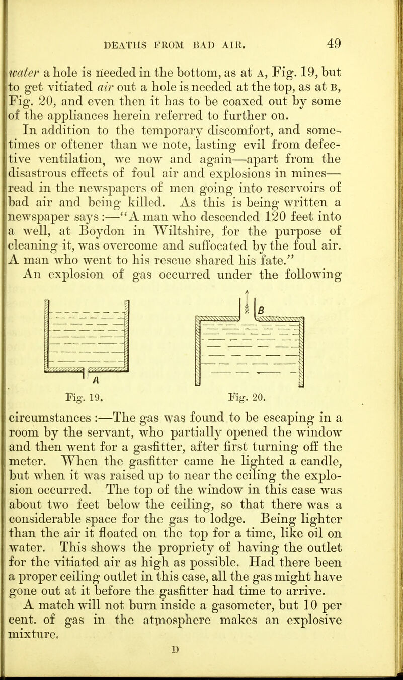 water a hole is needed in the bottom, as at a, Fig. 19, but to get vitiated air out a hole is needed at the top, as at b, Fig. 20, and even then it has to be coaxed out by some of the appliances herein referred to further on. In addition to the temporary discomfort, and some- times or oftener than we note, lasting evil from defec- tive ventilationi we now and again—apart from the disastrous effects of foul air and explosions in mines— [read in the newspapers of men going into reservoirs of [bad air and being killed. As this is being written a newspaper says :—A man who descended 120 feet into a well, at Boy don in Wiltshire, for the purpose of cleaning it, was overcome and suffocated by the foul air. A man who went to his rescue shared his fate. An explosion of gas occurred under the following Fig. 19. Fig. 20. circumstances :—The gas was found to be escaping in a room by the servant, who partially opened the window and then went for a gasfitter, after first turning off the meter. When the gasfitter came he lighted a candle, but when it was raised up to near the ceiling the explo- sion occurred. The toj) of the window in this case was about two feet below the ceiling, so that there was a considerable space for the gas to lodge. Being lighter than the air it floated on the top for a time, like oil on water. This shows the propriety of having the outlet for the vitiated air as high as possible. Had there been a proper ceiling outlet in this case, all the gas might have gone out at it before the gasfitter had time to arrive. A match will not burn inside a gasometer, but 10 per cent, of gas in the atmosphere makes an explosive mixture. D