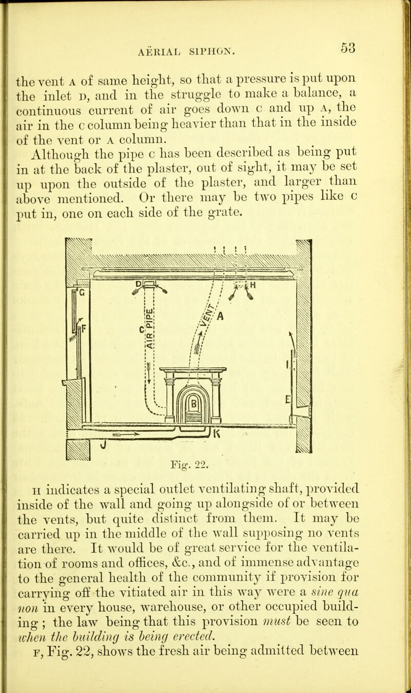 AERIAL SIPHON. the vent a of same height, so that a pressure is put upon the inlet d, and in the struggle to make a balance, a continuous current of air goes down c and up A, the air in the c column being heavier than that in the inside of the vent or a column. Although the pipe c has been described as being put in at the back of the plaster, out of sight, it may be set up upon the outside of the plaster, and larger than above mentioned. Or there may be two pipes like c put in, one on each side of the grate. H indicates a special outlet ventilating shaft, provided inside of the wall and going up alongside of or between the vents, but quite distinct from them. It may be carried up in the middle of the wall supposing no vents are there. It would be of great service for the ventila- tion of rooms and offices, &c, and of immense advantage to the general health of the community if provision for carrying off the vitiated air in this way were a sine qua 11011 in every house, warehouse, or other occupied build- ing ; the law being that this provision must be seen to when the building is being erected. f, Fig. 22, shows the fresh air being admitted between