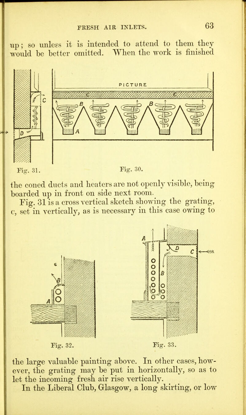 up; so unless it is intended to attend to them they would be better omitted. When the work is finished Fig. 31. Fig. 30. the coned ducts and heaters are not openly visible, being boarded up in front on side next room. Fig. 31 is a cross vertical sketch showing the grating, c, set in vertically, as is necessary in this case owing to Fig. 32. Fig. 33. the large valuable painting above. In other cases, how- ever, the grating may be put in horizontally, so as to let the incoming fresh air rise vertically. In the Liberal Club, Glasgow, a long skirting, or low