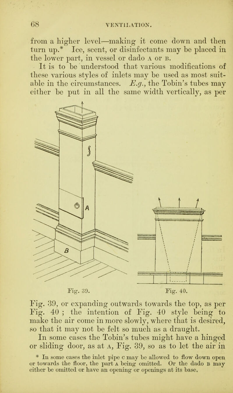 from a higher level—making it come down and then turn up.* Ice, scent, or disinfectants may be placed in the lower part, in vessel or dado a or u. It is to be understood that various modifications of these various styles of inlets may be used as most suit- able in the circumstances. E.g., the Tobin's tubes may either be put in all the same width vertically, as per Fig. 39. Fig. 40. Fig. 39, or expanding outwards towards the top, as per Fig. 40 ; the intention of Fig. 40 style being to make the air come in more slowly, where that is desired, so that it may not be felt so much as a draught. In some cases the Tobin's tubes might have a hinged or sliding door, as at a, Fig. 39, so as to let the air in * In some cases the inlet pipe c may be allowed to flow down open or towards the floor, the part a being omitted. Or the dado b may either be omitted or have an opening or openings at its base,