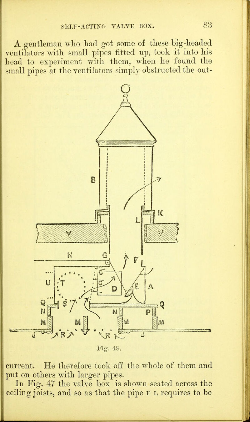 A gentleman who had got some of these big-headed ventilators with small pipes fitted up, took it into his head to experiment with them, when he found the small pipes at the ventilators simply obstructed the out- |.,..t—t Mar. 48. current. He therefore took off the whole of them and put on others with larger pipes. In Fig. 47 the valve box is shown seated across the ceiling joists, and so as that the pipe f l requires to be
