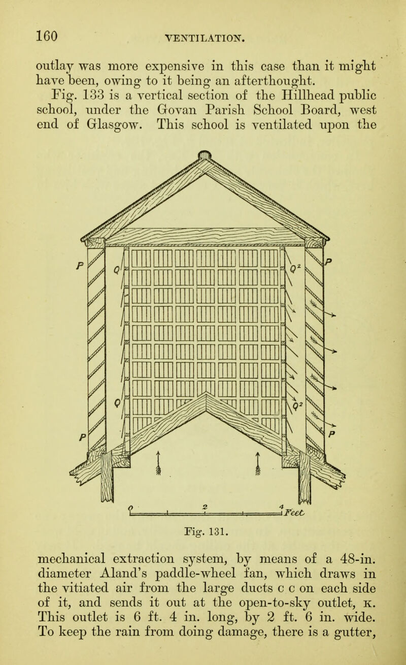 outlay was more expensive in this case than it might have been, owing to it being an afterthought. Fig. 133 is a vertical section of the Hillhead public school, under the Go van Parish School Board, west This school is ventilated upon the end of Glasgow. Fig. 131. mechanical extraction system, by means of a 48-in. diameter Aland's paddle-wheel fan, which draws in the vitiated air from the large ducts c c on each side of it, and sends it out at the open-to-sky outlet, k. This outlet is 6 ft. 4 in. long, by 2 ft. 6 in. wide. To keep the rain from doing damage, there is a gutter,