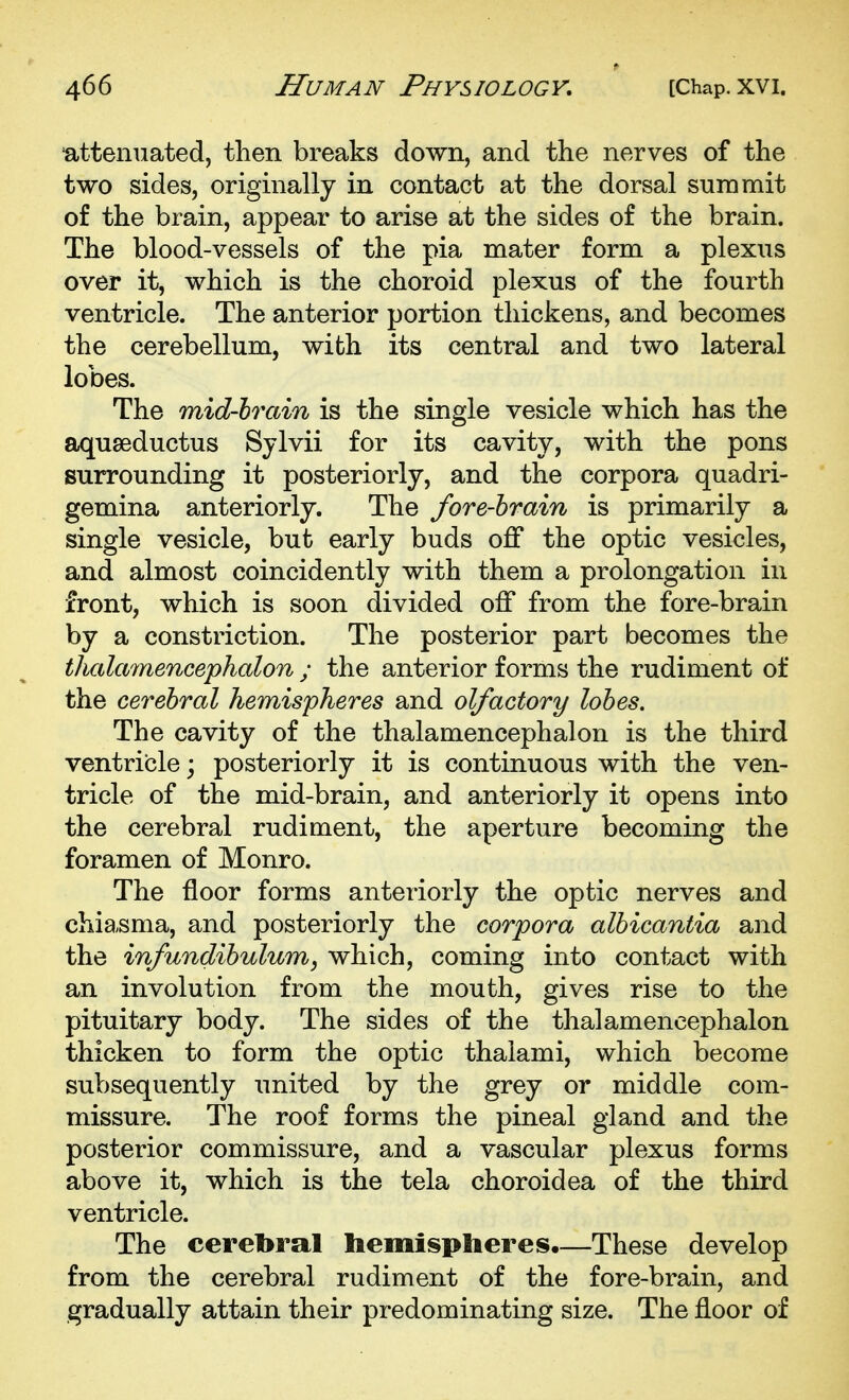 attenuated, then breaks down, and the nerves of the two sides, originally in contact at the dorsal summit of the brain, appear to arise at the sides of the brain. The blood-vessels of the pia mater form a plexus over it, which is the choroid plexus of the fourth ventricle. The anterior portion thickens, and becomes the cerebellum, with its central and two lateral lobes. The mid-hrain is the single vesicle which has the aquaeductus Sjlvii for its cavity, with the pons surrounding it posteriorly, and the corpora quadri- gemina anteriorly. The fore-hrain is primarily a single vesicle, but early buds off the optic vesicles, and almost coincidently with them a prolongation in front, which is soon divided off from the fore-brain by a constriction. The posterior part becomes the thalamencephalon ; the anterior forms the rudiment of the cerebral hemispheres and olfactory lobes. The cavity of the thalamencephalon is the third ventricle; posteriorly it is continuous with the ven- tricle of the mid-brain, and anteriorly it opens into the cerebral rudiment, the aperture becoming the foramen of Monro. The floor forms anteriorly the optic nerves and chiasma, and posteriorly the corpora albicantia and the infundibulum, which, coming into contact with an involution from the mouth, gives rise to the pituitary body. The sides of the thalamencephalon thicken to form the optic thaiami, which become subsequently united by the grey or middle com- missure. The roof forms the pineal gland and the posterior commissure, and a vascular plexus forms above it, which is the tela choroidea of the third ventricle. The cerebral liemisplieres.—These develop from the cerebral rudiment of the fore-brain, and gradually attain their predominating size. The floor of