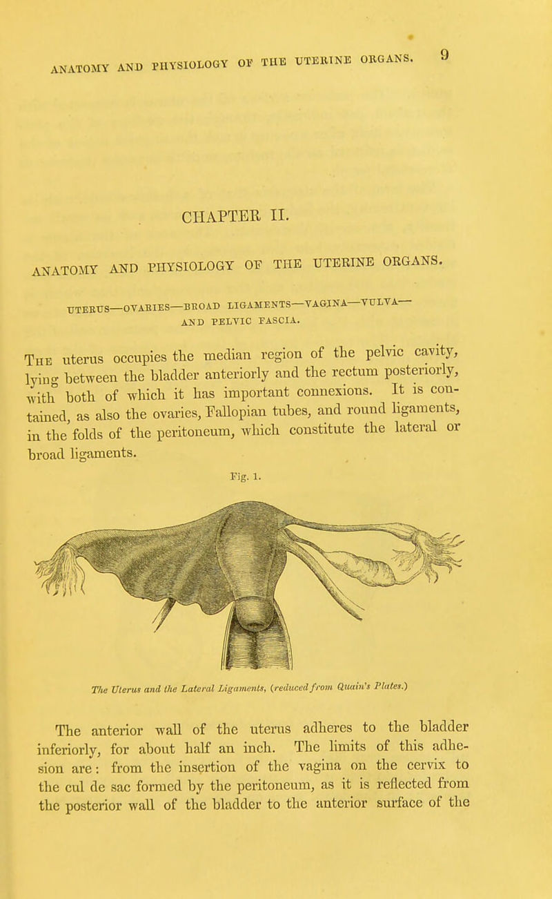 CHAPTER II. ANATOMY AND PHYSIOLOGY OE THE UTEEINE ORGANS. UTERUS—OVARIES—BROAD LIGAMENTS VAGINA VULVA AND PELVIC FASCIA. The uterus occupies the median region of the pelvic cavity, lying between the bladder anteriorly and the rectum posteriorly, with both of which it has important connexions. It is con- tained, as also the ovaries, Fallopian tubes, and round ligaments, in the folds of the peritoneum, which constitute the lateral or broad ligaments. Fig. 1. The Uterus and the Lateral Ligaments, {reduced from Quain's Plates.) The anterior wall of the uterus adheres to the bladder inferiorly, for about half an inch. The limits of this adhe- sion are: from the insertion of the vagina on the cervix to the cul de sac formed by the peritoneum, as it is reflected from the posterior wall of the bladder to the anterior surface of the