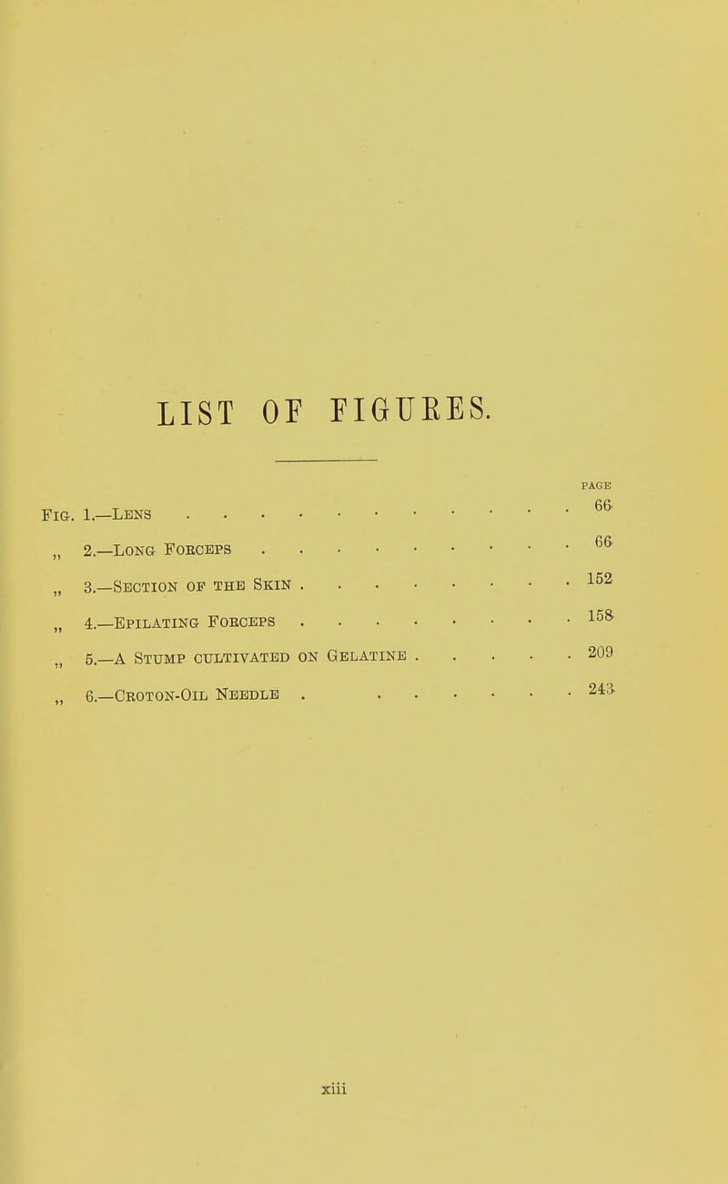 LIST OF FIGUEES. PAGE Fig. 1.—Lens „ 2.—Long Foeceps „ 3—Section op the Skin 4. —Epilating Foeceps 5. —A Stump cultivated on Gelatine 209 6—Ceoton-Oil Needle . 24* ziii