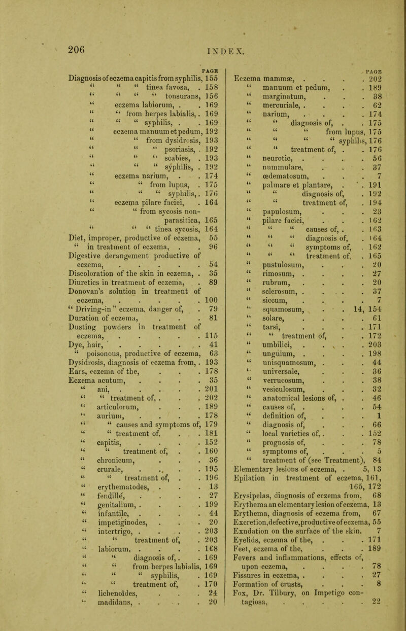 PAGE Diagnosis of eczema capitis from syphilis, 155    tinea favosa, . 158     tonsurans, 156  eczema labiorum, . .1fi9  u from herpes labialis,. 169    syphilis, . .169  eczema manuumet pedum, 192   from dysidrosis, 193   psoriasis, . 192    scabies, . 193   syphilis, . 192  eczema narium, . . 174   from lupus, . 175    syphilis,. 176  eczema pilare faciei, . 164   from sycosis non- parasitica, 165    tinea sycosis, 164 Diet, improper, productive of eczema, 55  in treatment of eczema, . . 96 Digestive derangement productive of eczema, . . . . .54 Discoloration of the skin in eczema, . 35 Diuretics in treatment of eczema, . 89 Donovan's solution in treatment of eczema, . . . . 100  Driving-in eczema, danger of, . 79 Duration of eczema, . . .81 Dusting powders in treatment of eczema, ..... 115 Dye, hair, . . . . 41  poisonous, productive of eczema, 63 Dysidrosis, diagnosis of eczema from,. 193 Ears, eczema of the, . . . 178 Eczema acutum, . . . .35  ani, 201   treatment of, . . . 202  articulorum, . . . 189  aurium, .... 178   causes and symptoms of, 179   treatment of, . . 181  capitis, .... 152   treatment of, . . 160  chronicum, . . .36  crurale, . 195   treatment of, . . 196  erythematodes, . . .13  fendille', . . . .27  genitalium, .... 199 41 infantile 44  impetiginodes, . . .20  intertrigo, . . . .203   treatment of, . 203  labiorum, .... 168   diagnosis of,. . 169   froin herpes labialis, 169  M  syphilis, . 169   treatment of, .170  lichenoides, . . .24 '* madidans, . . . .20 Eczema mammae, .  manuum et pedum,  marginatum,  mercuriale, .  narium,   diagnosis of, PAGE . 202 . 189 . 38 . 62 . 174 . 175 from lupus, 175 syphilis, 176 . 176 . 56   treatment of.  neurotic,  nummulare,  cedematosum,  palmare et plantare,   diagnosis of,   treatment of,  papulosum,  pilare faciei,    causes of, .    diagnosis of,    symptoms of,    treatment of.  pustulosum,  rimosum, .  rubrum,  sclerosum, .  siccum, u squamosum, . . 14,  solare,  tarsi,   treatment of,  umbilici,  unguium, .  unisquamosum, '• universale,  verrucosum,  vesiculosum,  anatomical lesions of,  causes of, .  definition of,  diagnosis of,  local varieties of.  prognosis of,  symptoms of,  treatment of (see Treatment), 84 Elementary lesions of eczema, . 5, 1 3 Epilation in treatment of eczema, 161, 165, 172 Erysipelas, diagnosis of eczema from, 68 Erythema an elementary lesion of eczema, 13 Erythema, diagnosis of eczema from, 67 Excretion,defective,productive of eczema, 55 37 7 191 192 194 23 162 163 164 162 165 20 27 20 37 7 154 61 171 172 203 198 44 36 38 32 46 54 1 66 152 Exudation on the surface of the skin, Eyelids, eczema of the, Feet, eczema of the, Fevers and inflammations, effects ol upon eczema, Fissures in eczema, . Formation of crusts, Fox, Dr. Tilbury, on Impetigo con tagiosa, .... 7 171 189