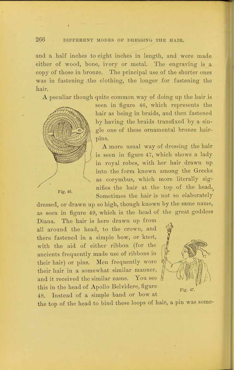 and a half inches to eight inches in length, and were made either of wood, bone, ivory or metal. The engraving is a copy of those in bixmze. The principal use of the shorter ones was in fastening the clothing, the longer for fastening the hair. A peculiar though quite common way of doing up the hair is seen in figure 46, which represents the hair as being in braids, and then fastened by having the braids transfixed by a sin- gle one of these ornamental bronze hair- pins. A more usual way of dressing the hair is seen in figure 47, which shows a lady in royal robes, with her hair drawn up into the form known among the Greeks as corymbus, which more literally sig- nifies the hair at the top of the head.^ Sometimes the hair is not so elaborately dressed, or drawn up so high, though known by the same name, as seen in figure 49, which is the head of the great goddess Diana. The hair is here drawn up from all around the head, to the crown, and there fastened in a simple bow, or knot, with the aid of either ribbon (for the ancients frequently made use of ribbons in their hair) or pins. Men frequently wore their hair in a somewhat similar manner, and it received the similar name. You see this in the head of Apollo Belvidere, figure 48. Instead of a simple band or bow at the top of the head to bind these loops of hair, a pin was some- Fig. 46.