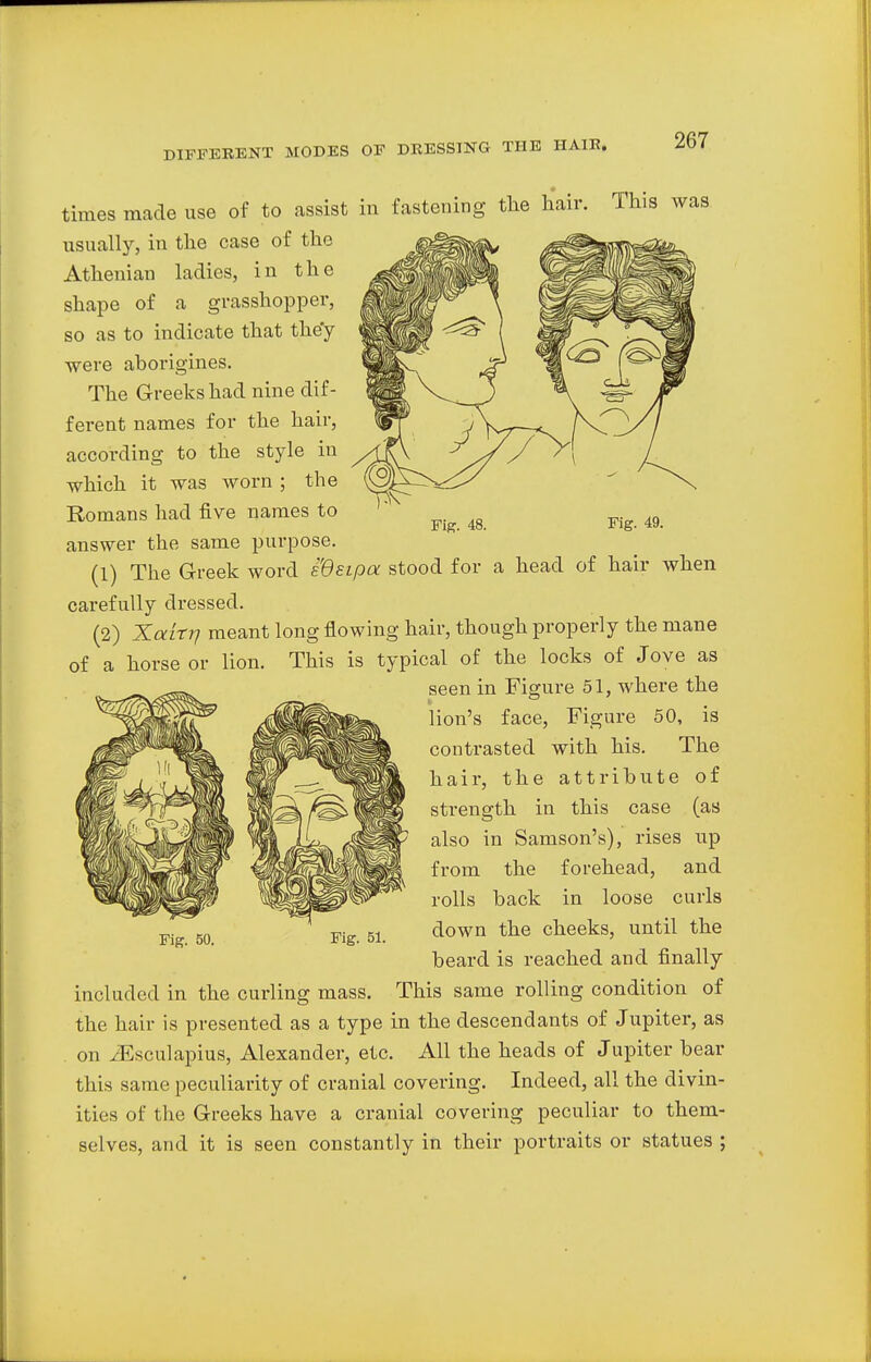 Fig. 48. Fig. 49. times made use of to assist in fastening the hair. This was usually, in the case of the Athenian ladies, in the shape of a grasshopper, so as to indicate that the'y were aborigines. The Greeks had nine dif- ferent names for the hair, according to the style in -which it was worn ; the Romans had five names to answer the same purpose. (1) The Greek word i'dsipa stood for a head of hair when carefully dressed. (2) Xaiti] meant long flowing hair, though properly the mane of a horse or lion. This is typical of the locks of Jove as seen in Figure 51, where the lion's face, Figure 50, is contrasted with his. The hair, the attribute of strength in this case (as also in Samson's), rises up from the forehead, and rolls back in loose curls down the cheeks, until the beard is reached and finally included in the curling mass. This same rolling condition of the hair is presented as a type in the descendants of Jupiter, as on yEsculapius, Alexander, etc. All the heads of Jupiter bear this same peculiarity of cranial covering. Indeed, all the divin- ities of the Greeks have a cranial covering peculiar to them- selves, and it is seen constantly in their portraits or statues ;