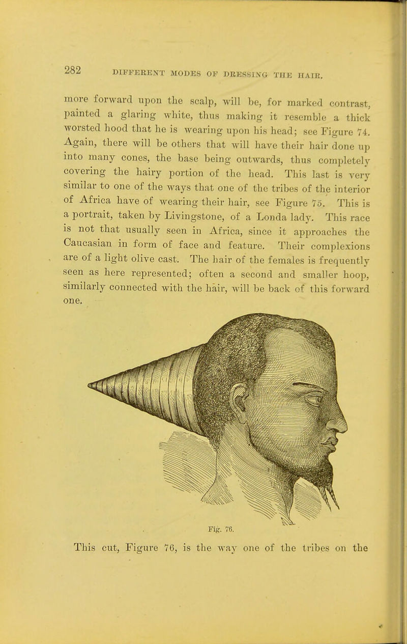 more forward upon the scalp, will be, for marked contrast, painted a glaring white, thus making it resemble a thick worsted hood that he is wearing upon his head; see Figure 74. Again, there will be others that will have their bair done up into many cones, the base being outwards, thus completely covering the hairy portion of the head. This last is very similar to one of the ways that one of the tribes of the interior of Africa have of wearing their hair, see Figure 75. This is a portrait, taken by Livingstone, of a Londa lady. Tins race is not that usually seen in Africa, since it approaches the Caucasian in form of face and feature. Their complexions are of a light olive cast. The hair of the females is frequently seen as here represented; often a second and smaller hoop, similarly connected with the hair, will be back of this forward one. Fig. 76. This cut, Figure 76, is the way one of the tribes on the