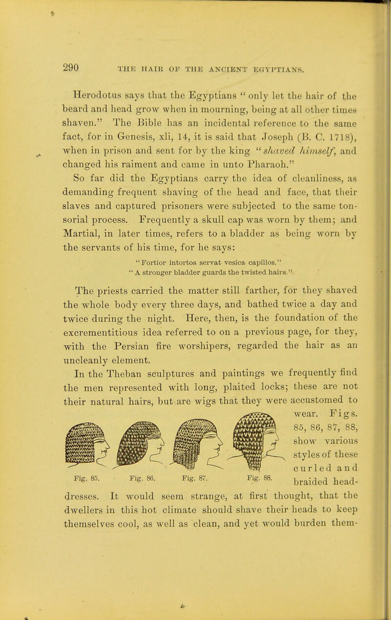 Herodotus says that the Egyptians  only let the hair of the beard and head grow when in mourning, being at all other times shaven. The Bible has an incidental reference to the same fact, for in Genesis, xli, 14, it is said that Joseph (B. C. 1718), when in prison and sent for by the king  shaved himself, and changed his raiment and came in unto Pharaoh. So far did the Egyptians carry the idea of cleanliness, as demanding frequent shaving of the head and face, that their slaves and captured prisoners were subjected to the same ton- sorial process. Frequently a skull cap was worn by them; and Martial, in later times, refers to a bladder as being worn by the servants of his time, for he says: Fortior intortos servat vesica capillos. A stronger bladder guards the twisted hairs. The priests carried the matter still farther, for they shaved the whole body every three days, and bathed twice a day and twice during the night. Here, then, is the foundation of the excrementitious idea referred to on a previous page, for they, with the Persian fire worshipers, regarded the hair as an uncleanly element. In the Theban sculptures and paintings we frequently find the men represented with long, plaited locks; these are not their natural hairs, but are wigs that they were accustomed to wear. Figs. 85, 86, 87, 88, show various styles of these curled and dresses. It would seem strange, at first thought, that the dwellers in this hot climate should shave their heads to keep themselves cool, as well as clean, and yet would burden them-