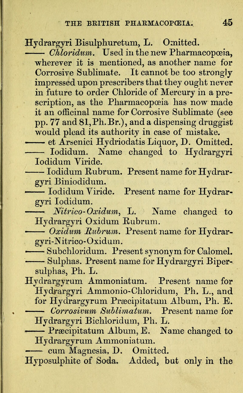 Hydrargyri Bisulphuretum, L. Omitted. Chloridum. Used in the new Pharmacopoeia, wherever it is mentioned, as another name for Corrosive Sublimate. It cannot be too strongly- impressed upon prescribers that they ought never in future to order Chloride of Mercury in a pre- scription, as the Pharmacopoeia has now made it an officinal name for Corrosive Sublimate (see pp. 77 and 81,Ph.Br.), and a dispensing druggist would plead its authority in case of mistake. et Arsenici Hydriodatis Liquor, D. Omitted. Iodidum. Name changed to Hydrargyri Iodidum Viride. Iodidum Eubrum. Present name for Hydrar- gyri Biniodidum. — Iodidum Viride. Present name for Hydrar- gyri Iodidum. Nitrico-Oxidum, L. Name changed to Hydrargyri Oxidum Rubrum. ■ Oxidum Rubrum. Present name for Hydrar- gyri-Nitrico-Oxidum. — Subchloridum. Present synonym for Calomel. Sulphas. Present name for Hydrargyri Biper- sulphas, Ph. L. Hydrargyrum Ammoniatum. Present name for Hydrargyri Ammonio-Chloridum, Ph. L., and for Hydrargyrum Praecipitatuin Album, Ph. E. — Corrosivum Sublimatum. Present name for Hydrargyri Bichloridum, Ph. L. — Praecipitatum Album, E. Name changed to Hydrargyrum Ammoniatum. cum Magnesia, D. Omitted. Hyposulphite of Soda. Added, but only in the