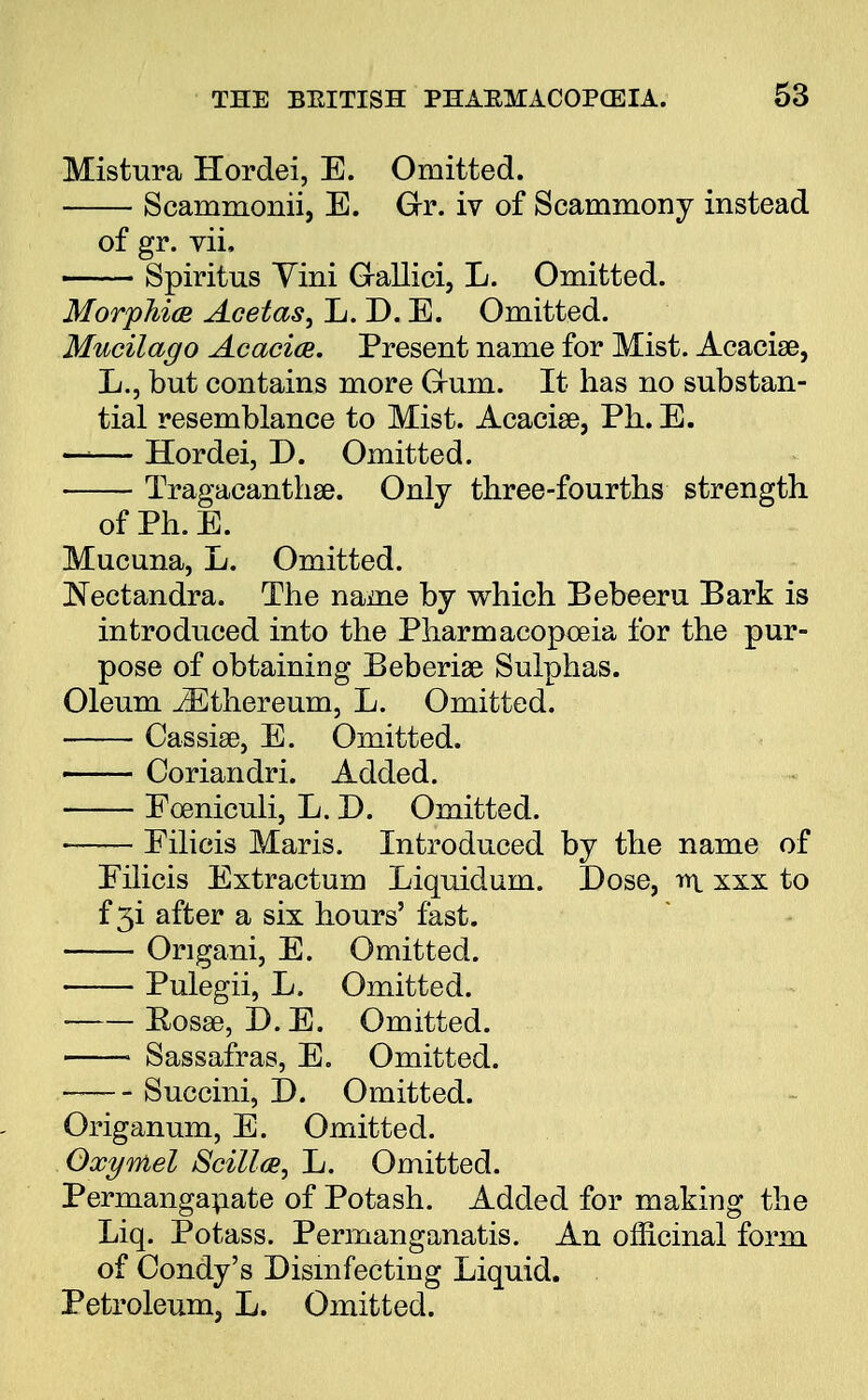 Mistura Hordei, E. Omitted. Scammonii, E. Gr. iv of Scammony instead of gr. vii, Spiritus Yini Grallici, L. Omitted. Morphice Acetas, L. D. E. Omitted. Mucilago Acacia. Present name for Mist. Acacise, L., but contains more Gum. It has no substan- tial resemblance to Mist. Acacise, Ph. E. —— Hordei, D. Omitted. Tragacanthse. Only three-fourths strength ofPh.E. Mucuna, L. Omitted. Nectandra. The name by which Bebeeru Bark is introduced into the Pharmacopoeia for the pur- pose of obtaining Beberiae Sulphas. Oleum iEthereum, L. Omitted. Cassia?, E. Omitted. Coriandri. Added. Foeniculi, L. I). Omitted. Filicis Maris. Introduced by the name of Filicis Extractum Liquidum. Dose, m xxx to f 3i after a six hours' fast. Ongani, E. Omitted. Pulegii, L. Omitted. Eossg, D.E. Omitted. Sassafras, E. Omitted. Succini, D. Omitted. Origanum, E. Omitted. Oxyrnel Scilla, L. Omitted. Permanganate of Potash. Added for making the Liq. Potass. Permanganatis. An officinal form of Condy's Disinfecting Liquid. Petroleum, L. Omitted.