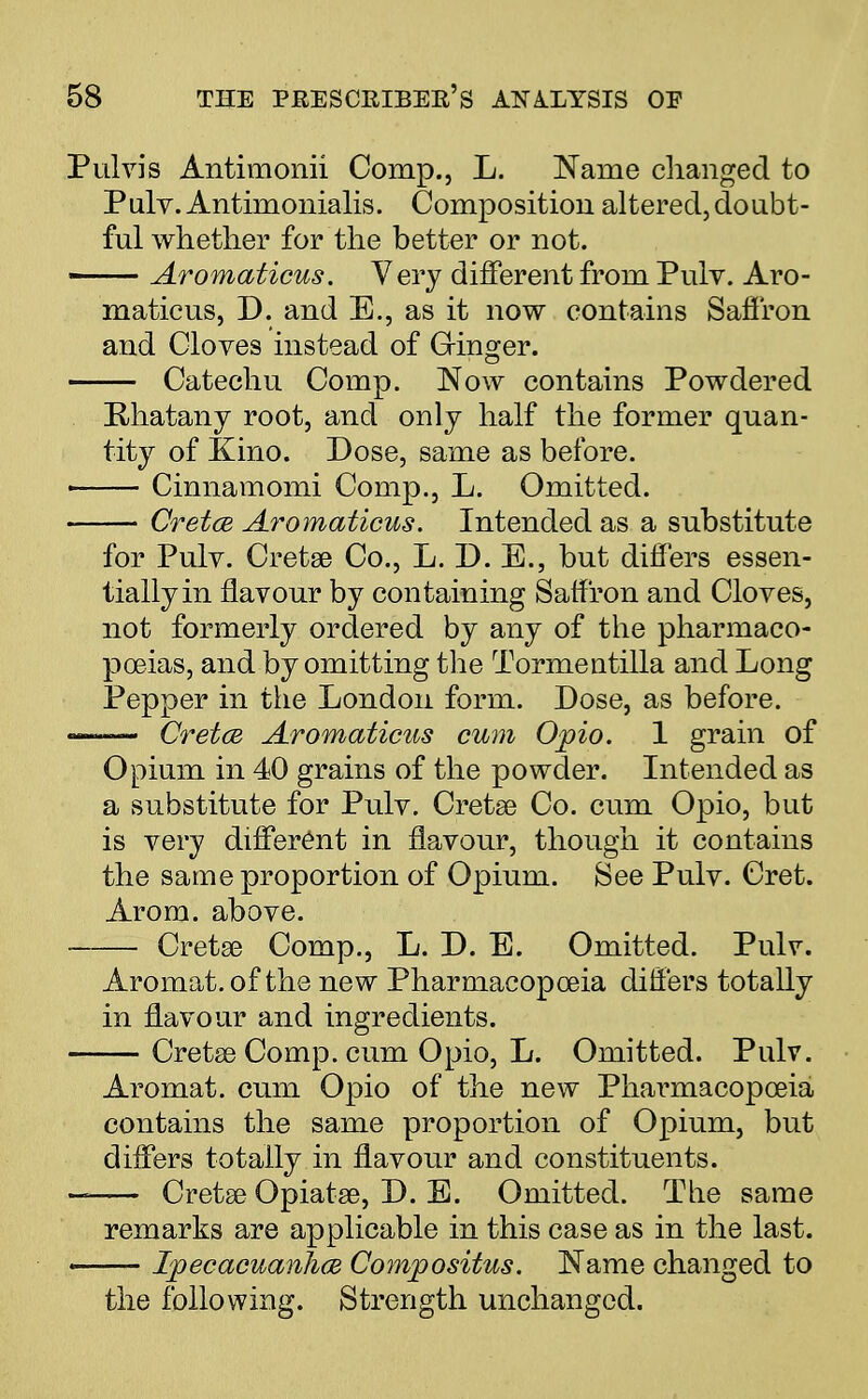 Pulvis Antimonii Comp., L. Name changed to Pulv. Antinionialis. Composition altered, doubt- ful whether for the better or not. —— Aromaticus. Very different from Pulv. Aro- maticus, D. and E., as it now contains Saffron and Cloves instead of Ginger. Catechu Comp. Now contains Powdered B/hatany root, and only half the former quan- tity of Kino. Dose, same as before. Cinnamomi Comp., L. Omitted. Cretce Aromaticus. Intended as a substitute for Pulv. Cretffi Co., L. D. E., but differs essen- tially in flavour by containing Saffron and Cloves, not formerly ordered by any of the pharmaco- poeias, and by omitting the Tormentilla and Long Pepper in the London form. Dose, as before. — Cretce. Aromaticus cum Opio. 1 grain of Opium in 40 grains of the powder. Intended as a substitute for Pulv. Cretse Co. cum Opio, but is very different in flavour, though it contains the same proportion of Opium. See Pulv. Cret. Arom. above. Cretse Comp., L. D. E. Omitted. Pulv. Aromat. of the new Pharmacopoeia differs totally in flavour and ingredients. Cretse Comp. cum Opio, L. Omitted. Pulv. Aromat. cum Opio of the new Pharmacopoeia contains the same proportion of Opium, but differs totally in flavour and constituents. — Cretse Opiatse, D. E. Omitted. The same remarks are applicable in this case as in the last. ■ Ipecacuanha Compositus. Name changed to the following. Strength unchanged.