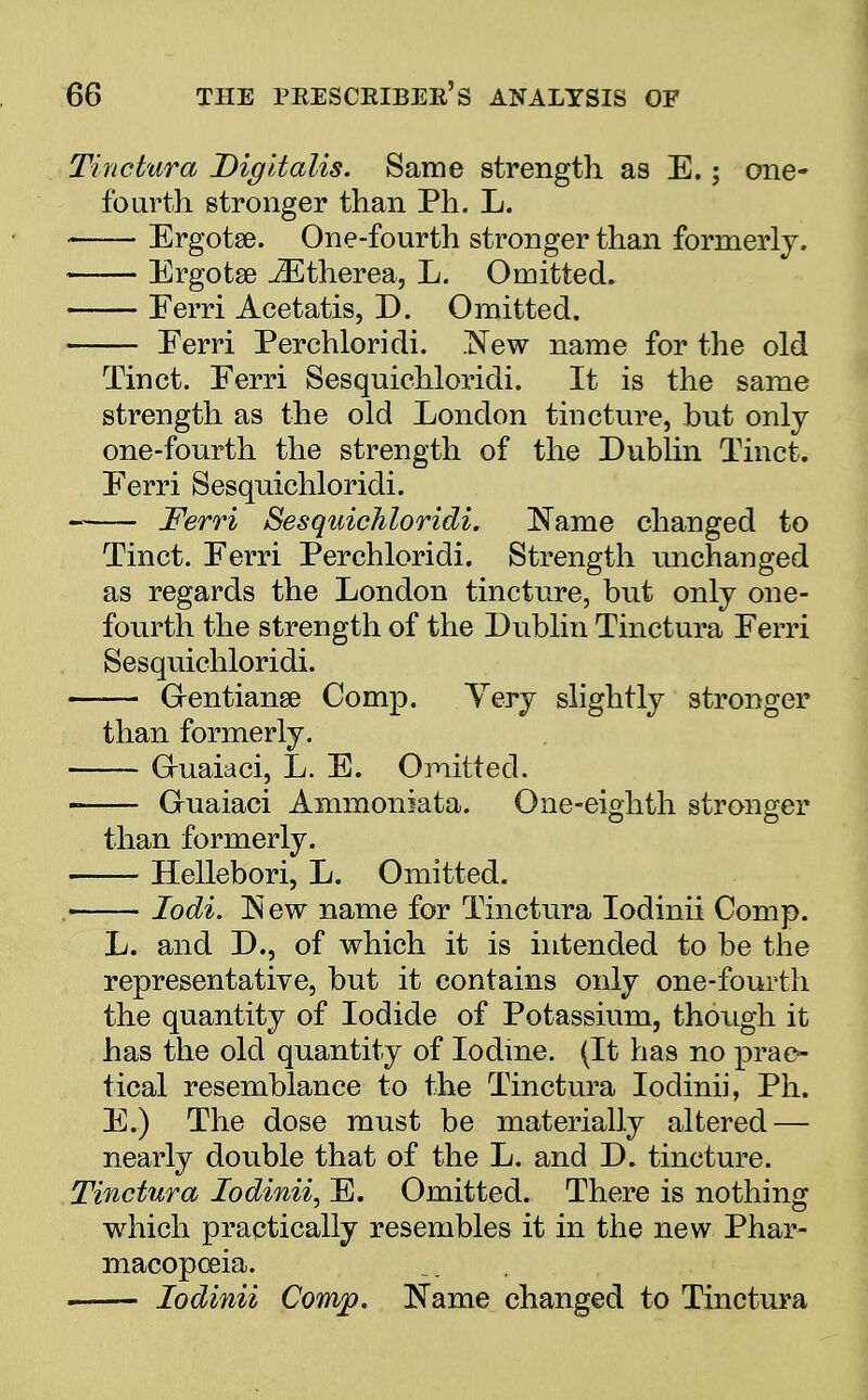 Tinctura Digitalis. Same strength as E. ; one- fourth stronger than Ph. L. Ergotse. One-fourth stronger than formerly. Ergotse JEtherea, L. Omitted. Eerri Acetatis, D. Omitted. Eerri Perchloridi. New name for the old Tinct. Eerri Sesquichloridi. It is the same strength as the old London tincture, but only one-fourth the strength of the Dublin Tinct. Eerri Sesquichloridi. Ferri Sesquichloridi. Name changed to Tinct. Eerri Perchloridi. Strength unchanged as regards the London tincture, but only one- fourth the strength of the Dublin Tinctura Ferri Sesquichloridi. Grentianse Comp. Very slightly stronger than formerly. Gruaiaci, L. E. Omitted. Guaiaci Ammoniata. One-eighth stronger than formerly. Hellebori, L. Omitted. < lodi. New name for Tinctura Iodinii Comp. L. and D., of which it is intended to be the representative, but it contains only one-fourth the quantity of Iodide of Potassium, though it has the old quantity of Iodine. (It has no prac- tical resemblance to the Tinctura Iodinii, Ph. E.) The dose must be materially altered — nearly double that of the L. and D. tincture. Tinctura Iodinii, E. Omitted. There is nothing which practically resembles it in the new Phar- macopoeia. Iodinii Comp. Name changed to Tinctura