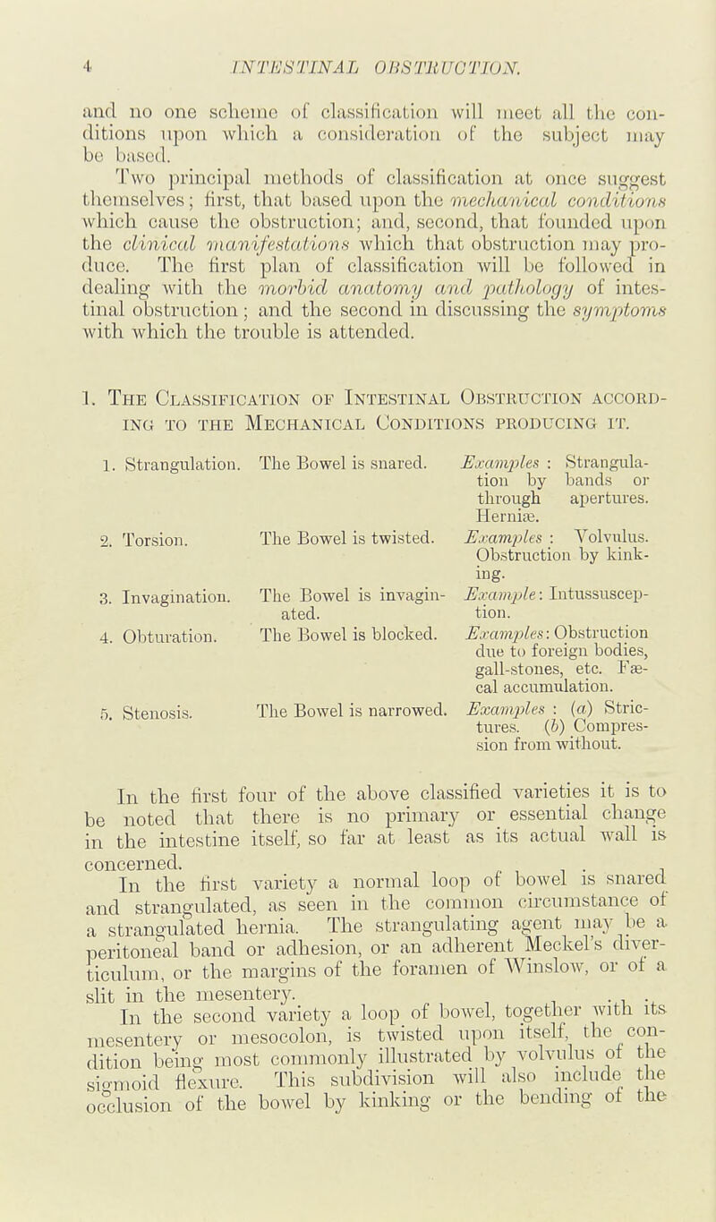 unci no one scheme of classification will meet all the con- ditions upon which a consideration of the subject may be based. Two principal methods of classification at once suggest themselves; first, that based upon the mechanical conditions which cause the obstruction; and, second, that founded upon the clinical manifedations which that obstruction may pro- duce. The first plan of classification will be followed in dealing with the morbid anatomy and jjathology of intes- tinal obstruction ; and the second in discussing the symxjtoms with which the trouble is attended. 1. The Classification of Intestinal Obstruction accord- ing TO THE Mechanical Conditions producing it. 1. Strangulation. The Bowel is snared. Uxamj^les : Strangula- tion by bands or through apertures. Herman. The Bowel is twisted. ExamiJles : Volvulus. Obstruction by kink- ing. The Bowel is invagin- Example: Intussuscep- ated. tion. The Bowel is blocked. Examples: Obstruction due to foreign bodies, gall-stones, etc. P'se- cal accumulation. The Bowel is narrowed. Examines : (a) Stric- tures. (5) Compres- sion from without. 2. Torsion. 3. Invagination 4. Obturation. 5. Stenosis. In the first four of the above classified varieties it is to be noted that there is no primary or essential change in the intestine itself, so far at least as its actual wall is concerned. In the first variety a normal loop of bowel is snared and strangulated, as seen in the common circumstance of a strangulated hernia. The strangulating agent iay be a peritoneal band or adhesion, or an adherent Meckel's diver- ticulum, or the margins of the foramen of Winslow, or of a sht in the mesentery. • i In the second variety a loop of bowel, together with its mesentery or mesocolon, is twisted upon itself the con- dition being most commonly illustrated by volvulus of the si<Tmoid flexure. This subdivision will also mclude the occlusion of the bowel by kinking or the bending of the