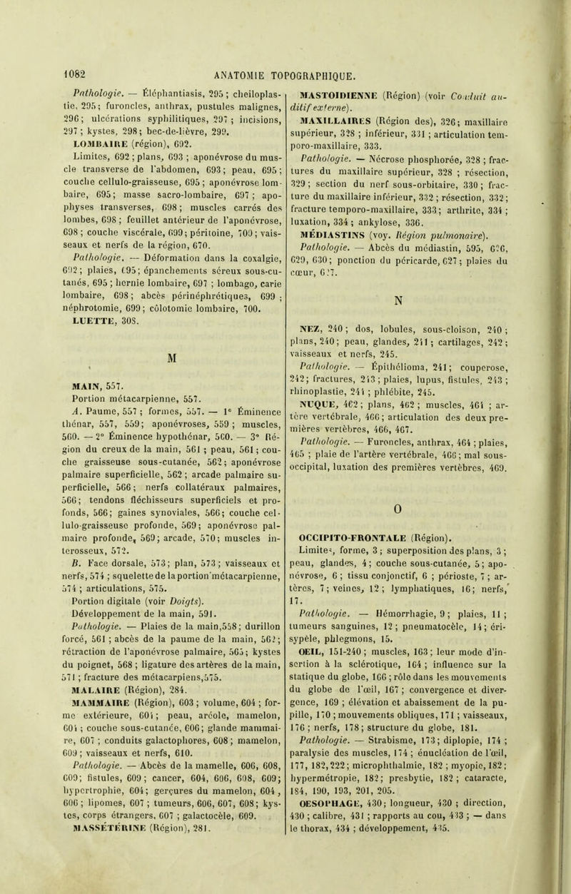 Pathologie. — Éléphantiasis, 295 ; clieiloplas- tie, 295; furoncles, anthrax, pustules malignes, 29G; ulcérations sypliilitiques, 297 ; incisions, 297 ; kystes, 298; bec-de-lièvre, 299. LOMBAIRE (région), C92. Limites, C92 ; plans^ 093 ; aponévrose du mus- cle transverse de l'abdomen, C93 ; peau, G95 ; couclie cellulo-graisseuse, G95 ; aponévrose lom- baire, G95; masse sacro-lombaire, C97 ; apo- physes transverses, G98 ; muscles carrés des lombes, G98 ; feuillet antérieur de l'aponévrose, C98 ; couche viscérale, (>09; péritoine, 709; vais- seaux et nerfs de la région, C70. Pathologie, — Déformation dans la coxalgie, G92 ; plaies, t95; épancliemcnts séreux sous-cu- tanés, 695 ; hernie lombaire, G97 ; lombago, carie lombaire, C98 ; abcès périnéphrétiques, G99 ; néphrotomie, G99; cûlotomic lombaire, 700. LUETTE, 30S. M MAIN, 557. Portion métacarpienne, 557. A. Paume, 557 ; formes, 557. — 1° Éminence thénar, 557, 559; aponévroses, 559; muscles, 5fi0. — 2° Éminence hypothénar, 5C0. — 3' Ré- gion du creux de la main, 5G1 ; peau, 561 ; cou- che graisseuse sous-cutanée, 562 ; aponévrose palmaire superficielle, 562; arcade palmaire su- perficielle, 5G6 ; nerfs collatéraux palmaires, 566; tendons fléchisseurs superficiels et pro- fonds, 566; gaines synoviales, 56G; couche cel- lulo-graisseuse profonde, 569; aponévrose pal- maire profonde, 569; arcade, 570; muscles in- terosseux, 572. B. Face dorsale, 573; plan, 573 ; vaisseaux et nerfs, 574 ; squelette de la portion métacarpienne, 574 ; articulations, 575. Portion digitale (voir Doigta). Développement de la main, 591. Pathologie. — Plaies de la main,558; durillon forcé, 561 ; abcès de la paume de la main, 56.'; rétraction de l'aponévrose palmaire, 565; kystes du poignet, 568 ; ligature des artères de la main, 571 ; fracture des métacarpiens,575. MALAIRE (Région), 284. MARIAI AIRE (Région), 603 ; volume, 604 ; for- me extérieure, 601; peau, aréole, mamelon, 60i ; couche sous-cutance, GOG; glande mammai- re, 607 ; conduits galactophores, 008 ; mamelon, 609; vaisseaux et nerfs, 610. Pathologie. — Abcès de la mamelle, GOG, 608, C09; fistules, 609; cancer, 604, GOG, Gi)8, 609; hypertrophie, 604; gerçures du mamelon, 604, 606 ; lipomes, 607 ; tumeurs, 606, 607, 608; kys- tes, corps étrangers, C07 ; galactocèle, 609. M.VSSÉTKRIINE (Région), 281. MASTOIDIENXE (Région) (voir Co uluit au- ditif externe). SIAXlLLAIRtS (Région des), 32G; maxillaire supérieur, 338 ; inférieur, 3)1 ; articulation tem- poro-maxillaiie, 333. Pathologie. — Nécrose phosphorée, 328 ; frac- tures du maxillaire supérieur, .328 ; résection, 329; section du nerf sous-orbitaire, 330 ; frac- ture du maxillaire inférieur, 332 ; résection, 332 ; fracture temporo-maxillaire, 333; arthrite, 334 ; luxation, 334 ; ankylose, 336. MÉDIASTINS (voy. Région pulmonaire). Pathologie. — Abcès du mcdiastin, 595, C.G, 629, 630; ponction du péricarde, 627 ; plaies du cœur, G;7. N NEZ, 240 ; dos, lobules, sous-cloison, 240 ; plans, 240; peau, glandes, 2il ; cartilages, 242; vaisseaux et nerfs, 245. Pathologie. — Épithélioma, 241; couperose, 242; fractures, 213; plaies, lupus, fistules, 213; rhinoplastie, 24 i ; phlébite, 245. INUQUE, 462; plans, 402; muscles, 461 ; ar- tère vertébrale, 4C6 ; articulation des deux pre- mières vertèbres, 466, 467. Pathologie. — Furoncles, anthrax, 464 ; plaies, 405 ; plaie de l'artère vertébrale, 46G; mal sous- occipital, luxation des premières vertèbres, 469. 0 OCCIPITO-FRONTALE (Région). Limite-i, forme, 3; superposition des plans, 3; peau, glandes, 4; couche sous-cutanée, 5; apo- névrose, 6 ; tissu conjonctif, 0 ; périoste, 7 ; ar- tères, 7;veincSj 12; lymphatiques, 16; nerfs,' 17. Pathologie. — Hémorrhagie, 9 ; plaies, 11; tumeurs sanguines, 12; pneumatocèlc, 14; éri- sypèle, phlegmons, 15. OEIL, 151-240; muscles, 163; leur mode d'in- soriion à la sclérotique, 164 ; influence sur la statique du globe, 166 ; rôlo dans les mouvements du globe de l'œil, 167 ; convergence et diver- gence, 169 ; élévation et abaissement de la pu- pille, 170 ; mouvements obliques, 171 ; vaisseaux, 176; nerfs, 178; structure du globe, 181. Pathologie. — Strabisme, 173; diplopie, 174 ; paralysie dos muscles, 174 ; énucicalion de l'œil, 177, 182,222; microphthalmie, 182 ; myopie, 182; hypermétropie, 182; presbytie, 182; cataracte, 1S4, 190, 193, 201, 205. OESOPHAGE, 430; longueur, 4-30 ; direction, 430 ; calibre, 431 ; rapports au cou, 4 )3 ; — dans le thorax, 434 ; développement, 4 (5.