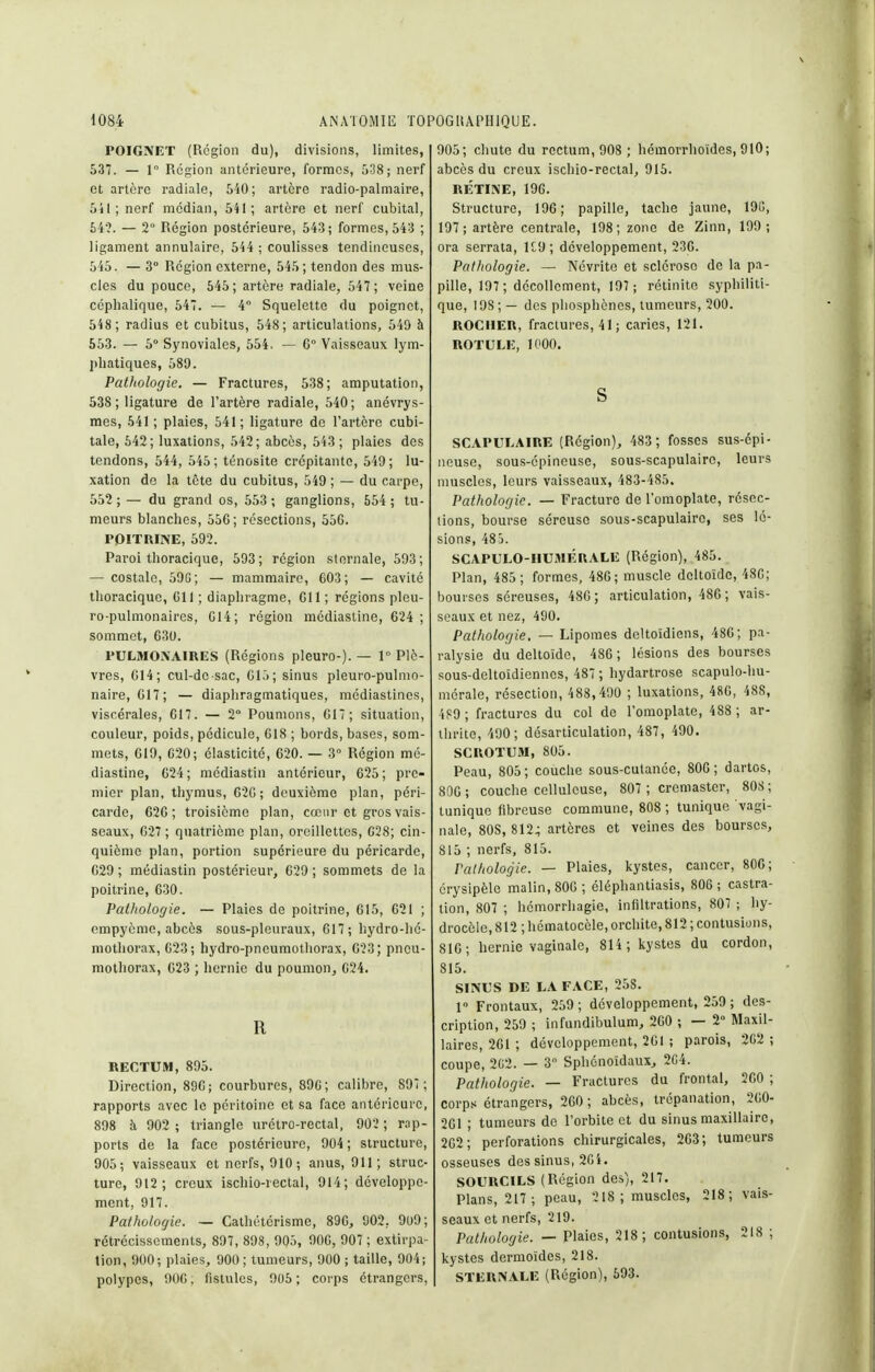 POIGNET (Région du), divisions, limites, 537. — 1 Région antérieure, formes, 538; nerf et artère radiale, 5'i0; artère radio-palmaire, 511; nerf médian, 541; artère et nerf cubital, 5'f?. — 2 Région postérieure, 543; formes, 543 ; ligament annulaire, 544 ; coulisses tendineuses, 545. — 3° Région externe, 545; tendon des mus- cles du pouce, 645; artère radiale, 547; veine céphalique, 547. — 4 Squelette du poignet, 548 ; radius et cubitus, 548; articulations, 540 à 553. — 5° Synoviales, 554. — G Vaisseaux lym- jihatiques, 589. Patliologie. — Fractures, 538; amputation, 538; ligature de l'artère radiale, 540; anévrys- mes, 641; plaies, 541; ligature de l'artère cubi- tale, 542; luxations, 542; abcès, 543 ; plaies des tendons, 544, 545; ténosite crépitante, 549; lu- xation do la tête du cubitus, 549 ; — du carpe, 552 ; — du grand os, 553 ; ganglions, 554 ; tu- meurs blanches, 550; résections, 55G. POITRINE, 592. Paroi tlioracique, 593; région stornale, 693; — costale, 59C; — mammaire, 603; — cavité tlioracique, GlI ; diapliragme, Gll ; régions pleu- ro-pulmonaires, G14; région médiastine, 624 ; sommet, 630. PULMONAIRES (Régions pleure-). — 1° Plè- vres, 014; cul-dc-sac, G15; sinus pleuro-pulmo- naire, G17; — diaphragmatiques, médiastines, viscérales, 017. — 2° Poumons, GI7; situation, couleur, poids, pédicule, 618 ; bords, bases, som- mets, 019, G20; élasticité, 620. — 3° Région mé- diastine, 024; médiastin antérieur, 626; pre- mier plan, thymus, G2G ; deuxième plan, péri- carde, 02G ; troisième plan, cœur et gros vais- seaux, 027 ; quatrième plan, oreillettes, C28; cin- quième plan, portion supérieure du péricarde, 029 ; médiastin postérieur, 029 ; sommets de la poitrine, 030. Patlioiogie. — Plaies de poitrine, GIS, 021 ; empyème, abcès sous-pleuraux, GI7; liydro-lié- mothorax, 023; hydro-pneumothorax, 023; pneu- mothorax, 023 ; hernie du poumon, 024. R BECTUM, 895. Direction, 890; courbures, 89G; calibre, 89Î ; rapports avec le péritoine et sa face antérieure, 898 à 902; triangle urétro-rectal, 902 ; rap- ports de la face postérieure, 904 ; structure, 905; vaisseaux et nerfs, 910; anus, 911; struc- ture, 912; creux ischio-rectal, 914; développe- ment, 917. Pathologie. — Cathétérisme, 890, 902, 9u9; rétrécissements, 897, 898, 905, 90G, 907 ; extirpa- tion, 900; plaies, 900; tumeurs, 900 ; taille, 904; polypes, 900, fistules, 905; corps étrangers, 905; chute du rectum, 908 ; hémorrhoïdes, 910; abcès du creux ischio-rectal, 915. RETINE, 19G. Structure, 196; papille, tache jaune, 19G, 197; artère centrale, 198; zone de Zinn, 199; ora serrata, U9; développement, 230. Pathologie. — Névrite et sclérose de la pa- pille, 197 ; décollement, 197 ; rétinite syphiliti- que, 198 ; — des pliosphènos, tumeurs, 200. ROCHER, fractures, 41 ; caries, 121. ROTULE, 1000. S SCAPULAIRE (Région), 483 ; fosses sus-épi- neuse, sous-épineuse, sous-scapulairo, leurs muscles, leurs vaisseaux, 483-485. Patholofjic. — Fracture de l'omoplate, résec- tions, bourse séreuse sous-scapulaire, ses lé- sions, 485. SCAPULO-IIUMÉRALE (Région), 485. Plan, 485; formes, 48G; muscle deltoïde, 480; bouises séreuses, 480; articulation, 480; vais- seaux et nez, 490. Pathologie. — Lipomes dcltoîdiens, 48G; pa- ralysie du deltoïde, 480 ; lésions des bourses sous-deltoïdiennes, 487 ; hydartrose scapulo-hu- mérale, résection, 488,490 ; luxations, 480, 488, 4S9; fractures du col de l'omoplate, 488; ar- thrite, 490; désarticulation, 487, 490. SCROTUM, 805. Peau, 805; couche sous-cutanée, 800; dartos, 890 ; couche celluleuse, 807 ; cremaster, 808 ; tunique fibreuse commune, 808 ; tunique vagi- nale, 80S, 8124 artères et veines des bourses, 815 ; nerfs, 815. Pathologie. — Plaies, kystes, cancer, 800; érysipèle malin, 800 ; éléphantiasis, 80C ; castra- lion, 807 ; hémorrhagie, infiltrations, 807 ; hy- drocèle, 812 ; hématoccle, orchite, 812 ; contusions, 81G; hernie vaginale, 814; kystes du cordon, 815. SINUS DE LA FACE, 258. r Frontaux, 269 ; développement, 259 ; des- cription, 259 ; infundibulum, 200 ; — 2° IMaxil- laires, 261 ; développement, 201 ; parois, 2G2 ; coupe, 2(i2. — 3 Sphénoïdaux, 2C4. Pathologie. — Fractures du frontal, 200 ; corps étrangers, 200; abcès, trépanation, 200- 2G1 ; tumeurs de l'orbite et du sinus maxillaire, 202; perforations chirurgicales, 203; tumeurs osseuses des sinus, 204. SOURCILS (Région des), 217. Plans, 217; peau, 218 ; muscles, 218; vais- seaux et nerfs, 219. Pathologie. — Plaies, 218; contusions, 218 ; kystes dermoïdes, 218. STERNALE (Région), 693.