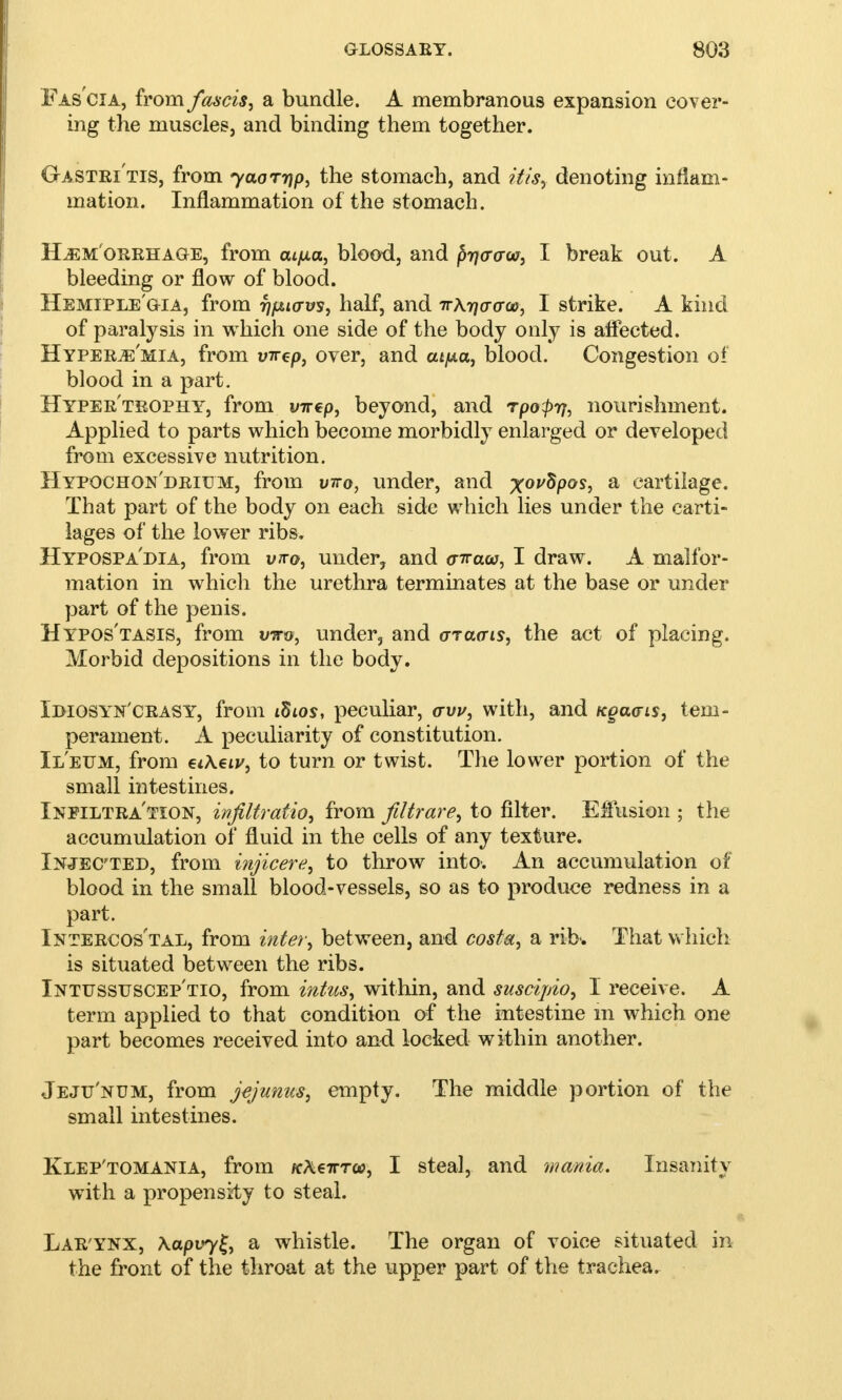 Fascia, from fastis, a bundle. A membranous expansion cover- ing the muscles, and binding them together. Gastritis, from yaorrjp, the stomach, and itisy denoting inflam- mation. Inflammation of the stomach. Hem orrhage, from atfia, blood, and prjcrcrw, I break out. A bleeding or flow of blood. Hemiple'gia, from fipiavs, half, and irK^acroo, I strike. A kind of paralysis in which one side of the body only is afiected. Hyperemia, from vircp, over, and atpa, blood. Congestion of blood in a part. Hyper'trophy, from virep, beyond, and rpopyj, nourishment. Applied to parts which become morbidly enlarged or developed from excessive nutrition. Hypochon'drium, from viro, under, and xovdpos, a cartilage. That part of the body on each side which lies under the carti- lages of the lower ribs. Hypospadia, from u/ro, under, and a-iraoj, I draw. A malfor- mation in which the urethra terminates at the base or under part of the penis. Hypos'tasis, from virv, under, and araais, the act of placing. Morbid depositions in the body. Idiosyn'crasy, from iStos, peculiar, aw, with, and ugaais, tem- perament. A peculiarity of constitution. Ileum, from €i\eiv, to turn or twist. The lower portion of the small intestines. Infiltration, infiltratio, from filtrare, to filter. Effusion ; the accumulation of fluid in the cells of any texture. Injected, from injicere, to throw into. An accumulation of blood in the small blood-vessels, so as to produce redness in a part. Intercostal, from inter, between, and cost a, a rib. That which is situated between the ribs. Intussuscep'tio, from intus, within, and suscipio, I receive. A term applied to that condition of the intestine m which one part becomes received into and locked within another. Jeju'num, from jejunus, empty. The middle portion of the small intestines. Klep'tomania, from kX€ttto>, I steal, and mania. Insanity with a propensity to steal. Lar'YNX, \apvy£, a whistle. The organ of voice situated in the front of the throat at the upper part of the trachea.