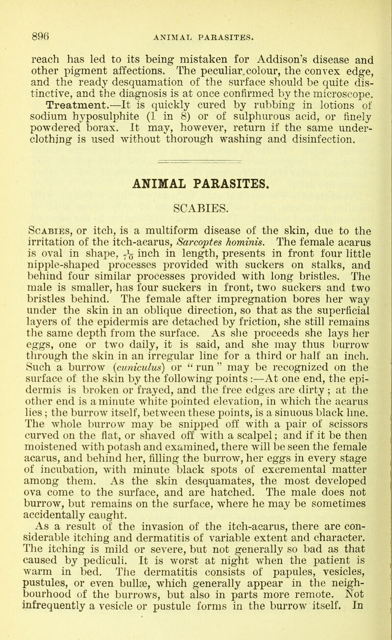 reach has led to its being mistaken for Addison's disease and other pigment affections. The peculiar,colour, the convex edge, and the ready desquamation of the surface should be quite dis- tinctive, and the diagnosis is at once confirmed by the microscope. Treatment.—It is quickly cured by rubbing in lotions of sodium hyposulphite (1 in 8) or of sulphurous acid, or finely powdered borax. It may, however, return if the same under- clothing is used without thorough washing and disinfection. ANIMAL PARASITES. SCABIES. Scabies, or itch, is a multiform disease of the skin, due to the irritation of the itch-acarus, Sarcoptes hominis. The female acarus is oval in shape, inch in length, presents in front four little nipj)le-shaped processes provided with suckers on stalks, and behind four similar processes provided with long bristles. The male is smaller, has four suckers in front, two suckers and two bristles behind. The female after impregnation bores her way under the skin in an oblique direction, so that as the superficial layers of the epidermis are detached by friction, she still remains the same depth from the surface. As she proceeds she lays her eggs, one or two daily, it is said, and she may thus burrow through the skin in an irregular line for a third or half an inch. Such a burrow {cuniculus) or run  may be recognized on the surface of the skin by the following points :—At one end, the epi- dermis is broken or frayed, and the free edges are dirty ; at the other end is a minute white pointed elevation, in which the acarus lies ; the burrow itself, between these points, is a sinuous black line. The whole burrow may be snipped off with a pair of scissors curved on the flat, or shaved off with a scalpel; and if it be then moistened with potash and examined, there will be seen the female acarus, and behind her, filling the burrow, her eggs in every stage of incubation, with minute black spots of excremental matter among them. As the skin desquamates, the most developed ova come to the surface, and are hatched. The male does not burrow, but remains on the surface, where he may be sometimes accidentally caught. As a result of the invasion of the itch-acarus, there are con- siderable itching and dermatitis of variable extent and character. The itching is mild or severe, but not generally so bad as that caused by pediculi. It is worst at night when the patient is warm in bed. The dermatitis consists of papules, vesicles, pustules, or even bullae, which generally appear in the neigh- bourhood of the burrows, but also in parts more remote. Not infrequently a vesicle or pustule forms in the burrow itself. In