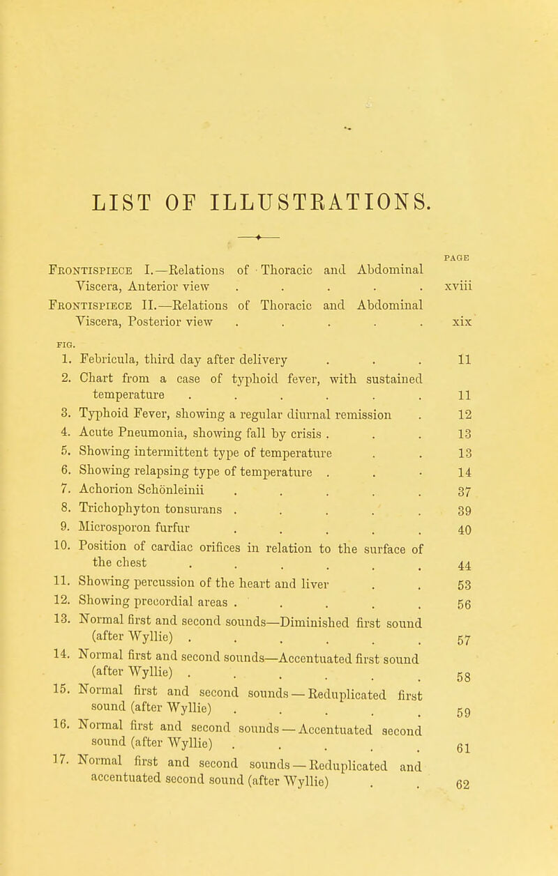 LIST OF ILLUSTEATIONS. Frontispiece I.—Relations of Thoracic and Abdominal Viscera, Anterior view ..... xviii FfiONTisPiECE II.—Relations of Thoracic and Abdominal Viscera, Posterior view ..... xix FIG. 1. Febricula, third day after delivery ... 11 2. Chart from a case of typhoid fever, with sustained temperature . . . . . .11 3. Ty[)hoid Fever, showing a regular diurnal remission . 12 4. Acute Pneumonia, showing fall by crisis ... 13 5. Showing intermittent type of temperature . . 13 6. Showing relapsing type of temperature . . • 14 7. Achoiion Schonleinii ..... 37 8. Trichophyton tonsurans . . . . . 39 9. Microsporon furfur ..... 40 10. Position of cardiac orifices in relation to the surface of the chest 44 11. Sho\ving percussion of the heart and liver . . 53 12. Showing precordial areas . . . . .56 13. Normal first and second sounds—Diminished first sound (after Wyllie) 57 14. Normal first and second sounds—Accentuated first sound (after Wyllie) ...... 53 15. Normal first and second sounds — Reduplicated first sound (after Wyllie) . . . . .59 16. Normal first and second sounds — Accentuated second sound (after Wyllie) . . . .61 17. Normal first and second sounds —Reduplicated and accentuated second sound (after Wyllie) . . 62