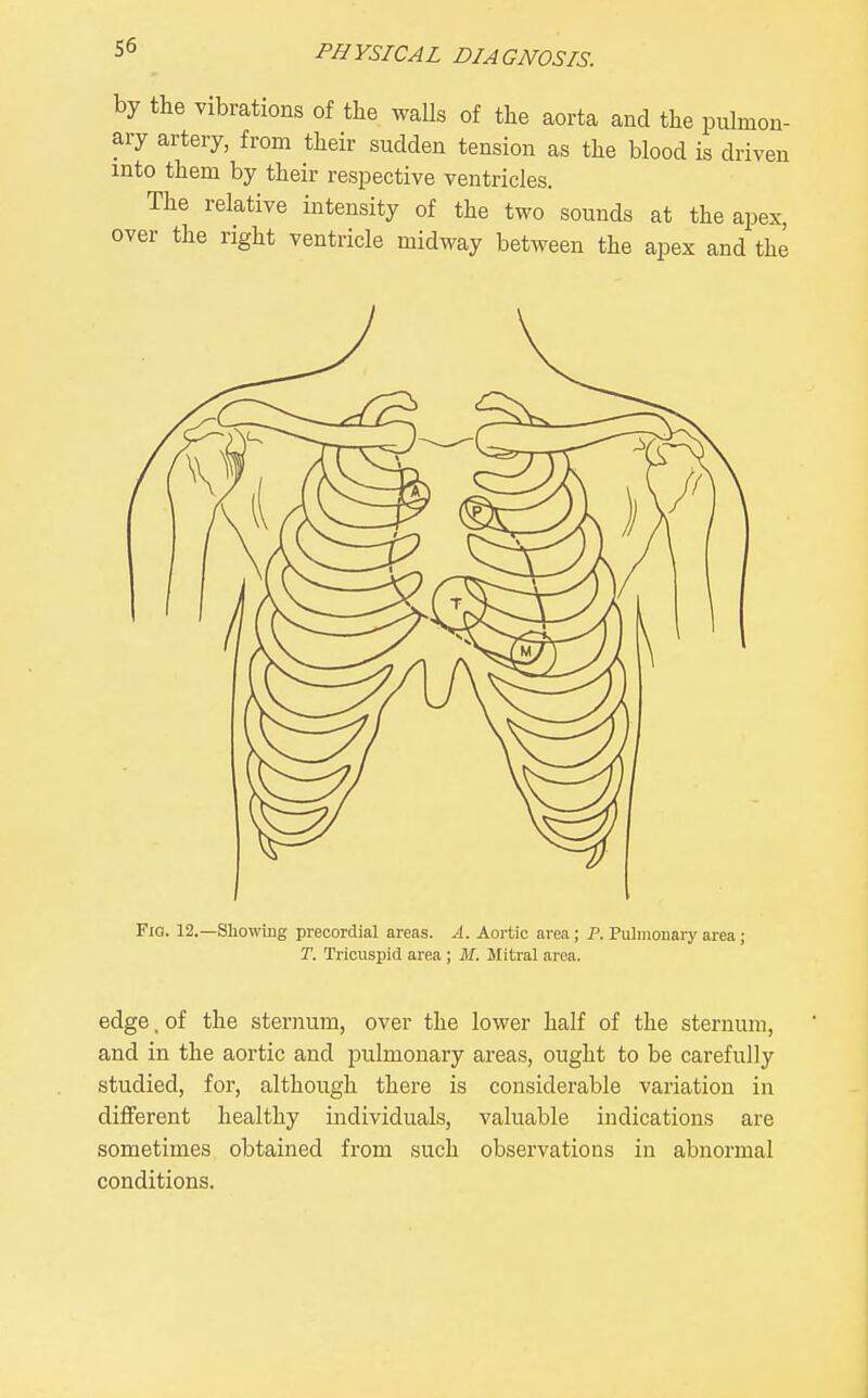 by the vibrations of the walls of the aorta and the pulmon- ary artery, from their sudden tension as the blood is driven into them by their respective ventricles. The relative intensity of the two sounds at the apex, over the right ventricle midway between the apex and the Fia. 12.—Showing precordial areas. A. Aortic area; P. Pulmonary area ; T. Tricuspid area ; M. Mitral area. edge, of the sternum, over the lower half of the sternum, and in the aortic and pulmonary areas, ought to be carefully studied, for, although there is considerable variation in different healthy individuals, valuable indications are sometimes obtained from such observations in abnormal conditions.
