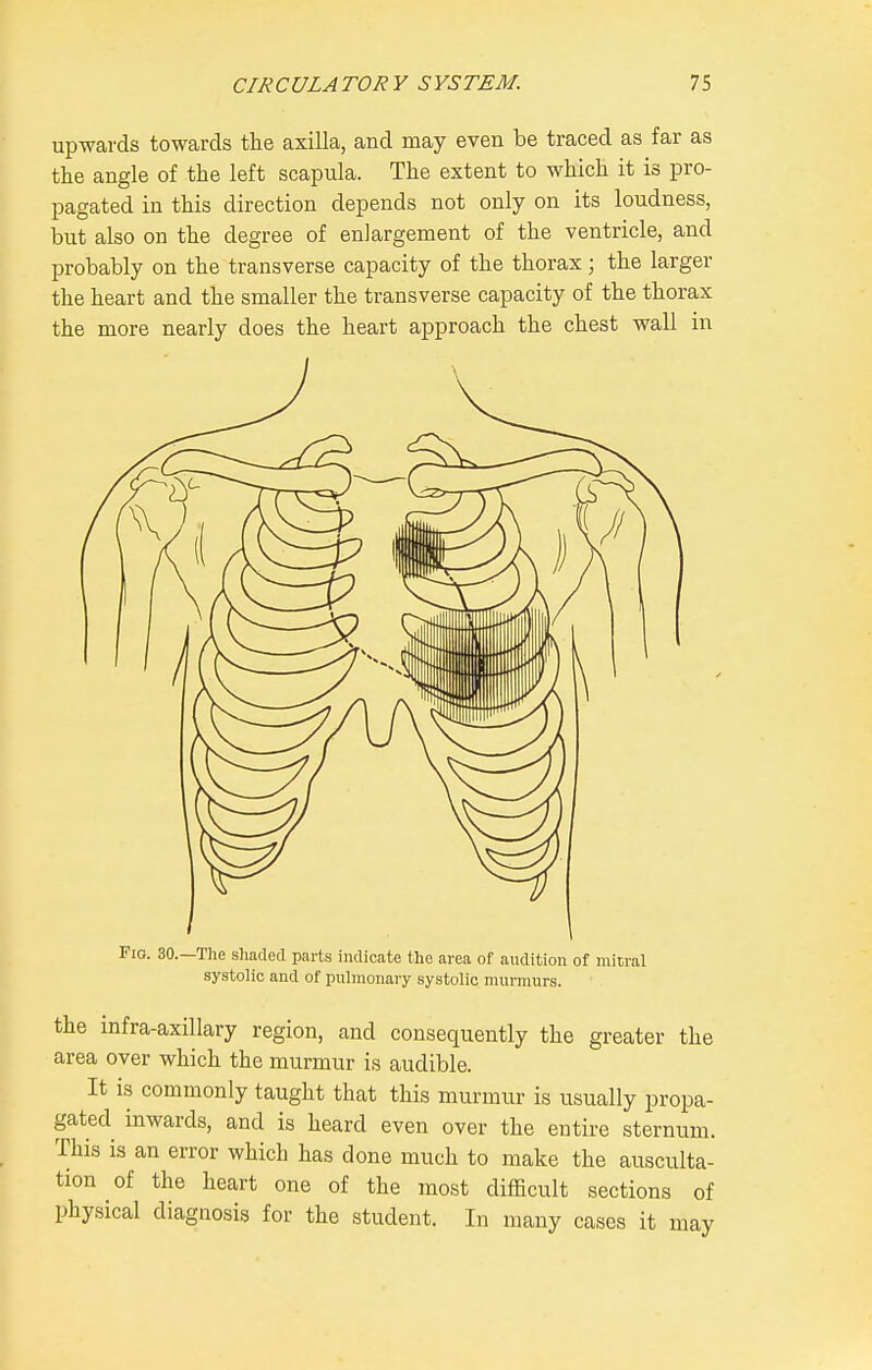 upwards towards the axilla, and may even be traced as far as the angle of the left scapula. The extent to which it is pro- pagated in this direction depends not only on its loudness, but also on the degree of enlargement of the ventricle, and probably on the transverse capacity of the thorax; the larger the heart and the smaller the transverse capacity of the thorax the more nearly does the heart approach the chest wall in / 1 Fig. 30.—The shaded parts indicate the area of audition of mitral systolic and of pulmonary systolic murmurs. the infra-axillary region, and consequently the greater the area over which the murmur is audible. It is commonly taught that this murmur is usually propa- gated inwards, and is heard even over the entire sternum. This is an error which has done much to make the ausculta- tion of the heart one of the most difficult sections of physical diagnosis for the student. In many cases it may