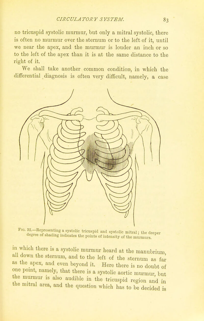 no tricuspid systolic murmur, but only a mitral systolic, there is often no murmur over the sternum or to the left of it, until we near the apex, and the murmur is louder an inch or so to the left of the apex than it is at the same distance to the right of it. We shall take another common condition, in which the dififerential diagnosis is often very difficult, namely, a case ^'°^l!;^^T^r'^■^'^'^°' -^'^ ^^y^^^^^ itr^l; deeper degree of shading indicates tlie points of intensity of tlie murmurs. in which there is a systolic murmur heard at the manubrium all down the sternum, and to the left of the sternum as fai as the apex, and even beyond it. Here there is no doubt of one pomt, namely, that there is a systolic aortic murmur but he murmur is also audible in the tricuspid region and in the mitral area, and the question which has to be decided is