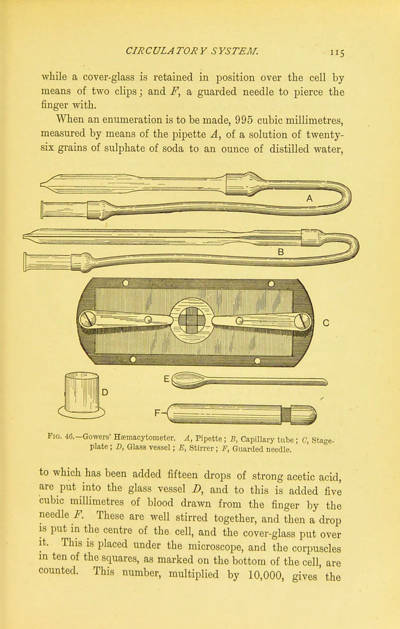 while a cover-glass is retained in position over the cell by means of two clips; and F, a guarded needle to pierce the finger with. When an enumeration is to be made, 995 cubic millimetres, measured by means of the pipette A, of a solution of twenty- six grains of sulphate of soda to an ounce of distilled water. Fig. 46.-Gowers' Hsemacytometer. A, Pipette; S, Capillary tube; C, Stage- plate ; D, Glass vessel; E, Stirrer; ¥, Guarded needle. to which has been added fifteen drops of strong acetic acid, are put into the glass vessel Z>, and to this is added five cubic millimetres of blood drawn from the finger by the needle F. These are well stirred together, and then a drop IS put m the centre of the cell, and the cover-glass put over It. This is placed under the microscope, and the corpuscles m ten of the squares, as marked on the bottom of the cell, are counted. This number, multiplied by 10,000, gives the