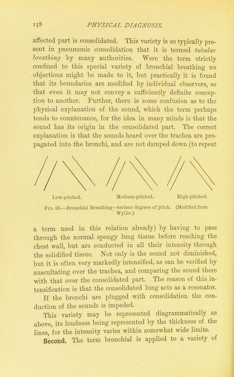 affected part is consolidated. This variety is so typically pre- sent in pneumonic consolidation that it is termed tubular breathing by many authorities. Were the term strictly confined to this special variety of bronchial breathing no objections might be made to it, but practically it is found that its boundaries are modified by individual observers, so that even it may not convey a sufiiciently definite concep- tion to another. Further, there is some confusion as to the physical explanation of the sound, which the term perhaps tends to countenance, for the idea in many minds is that the sound has its origin in the consolidated part. The correct explanation is that the sounds heard over the trachea are pro- pagated into the bronchi, and are not damped down (to repeat Low-pitched. Medium-pitched. High-pitched. Fig. 63.—Bronchial Breathing—various degrees of pitch. (Modified from Wyllie.) a term used in this relation already) by having to pass through the normal spongy lung tissue before reaching the chest wall, but are conducted in all their intensity through the solidified tissue. Not only is the sound not diminished, but it is often very markedly intensified, as can be verified by auscultating over the trachea, and comparing the sound there with that over the consolidated part. The reason of this in- tensification is that the consolidated lung acts as a resonator. If the bronchi are plugged with consolidation the con- duction of the sounds is impeded. This variety may be represented diagrammatically as above, its loudness being represented by the thickness of the lines for the intensity varies within somewhat wide limits. Second. The term bronchial is applied to a variety of